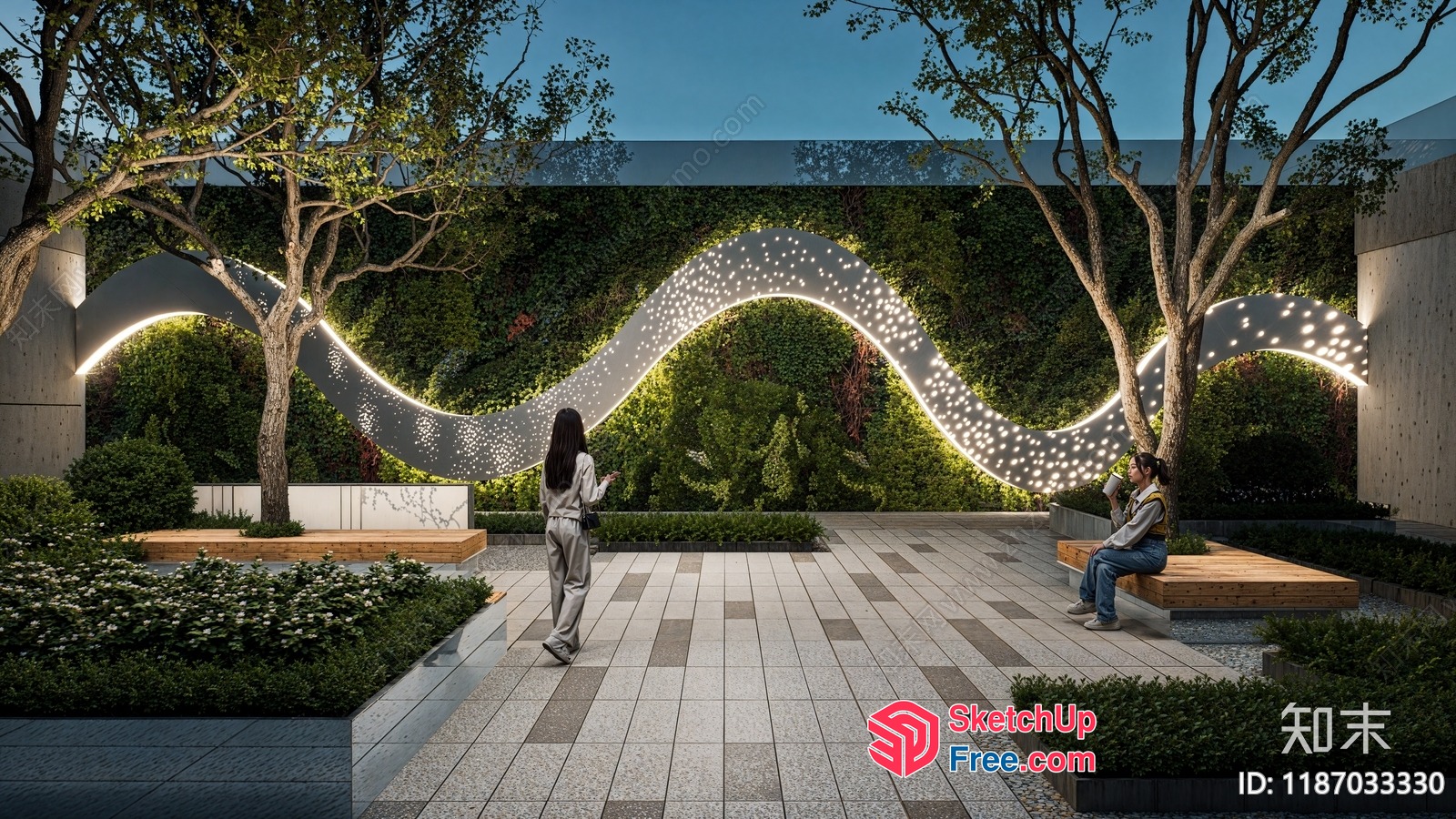 Serene Garden Oasis With Winding Path And Illuminated Lights 3D SketchUp File