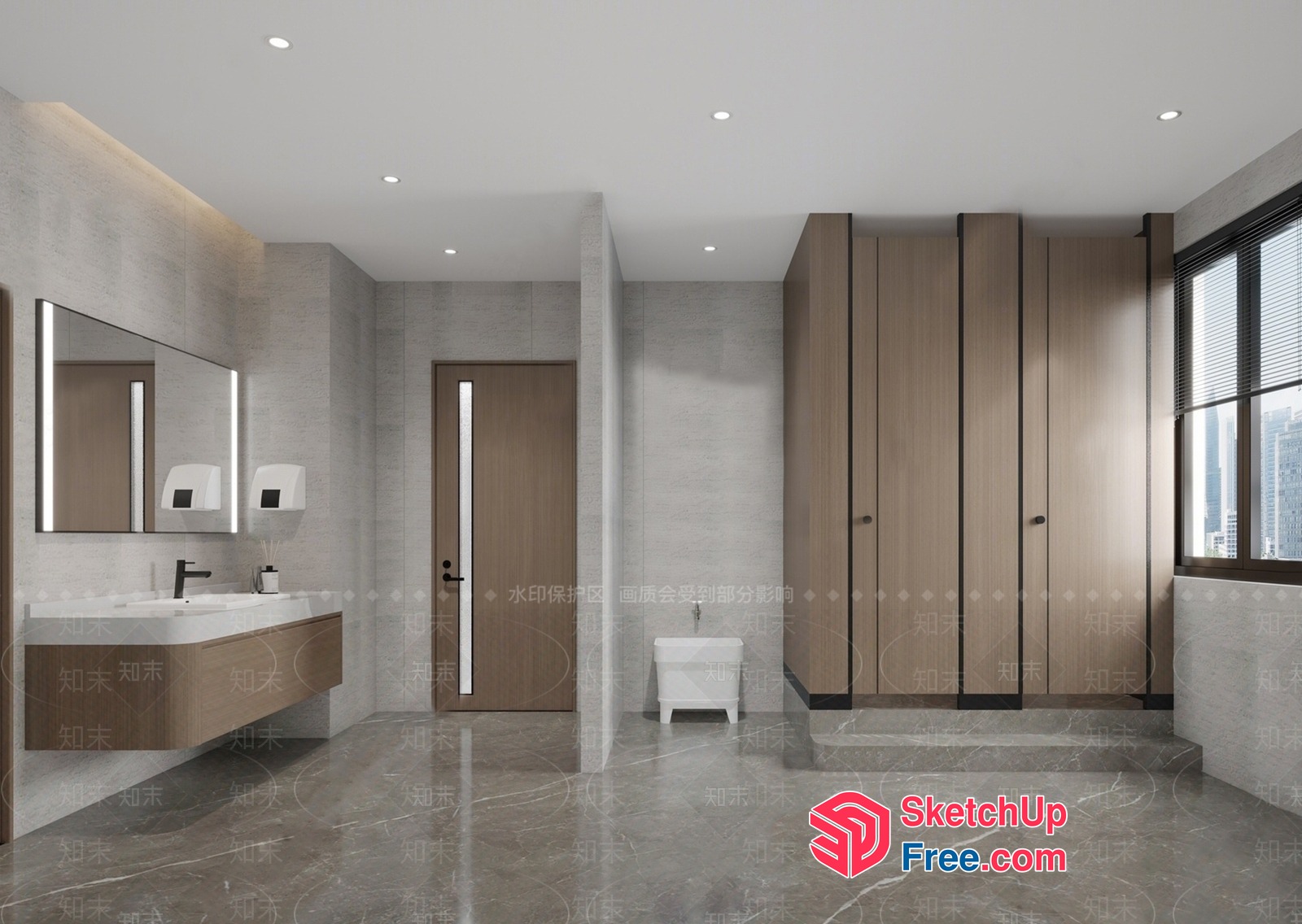 Modern Bathroom With Marble Floor And Wooden Furniture 3D SketchUp File