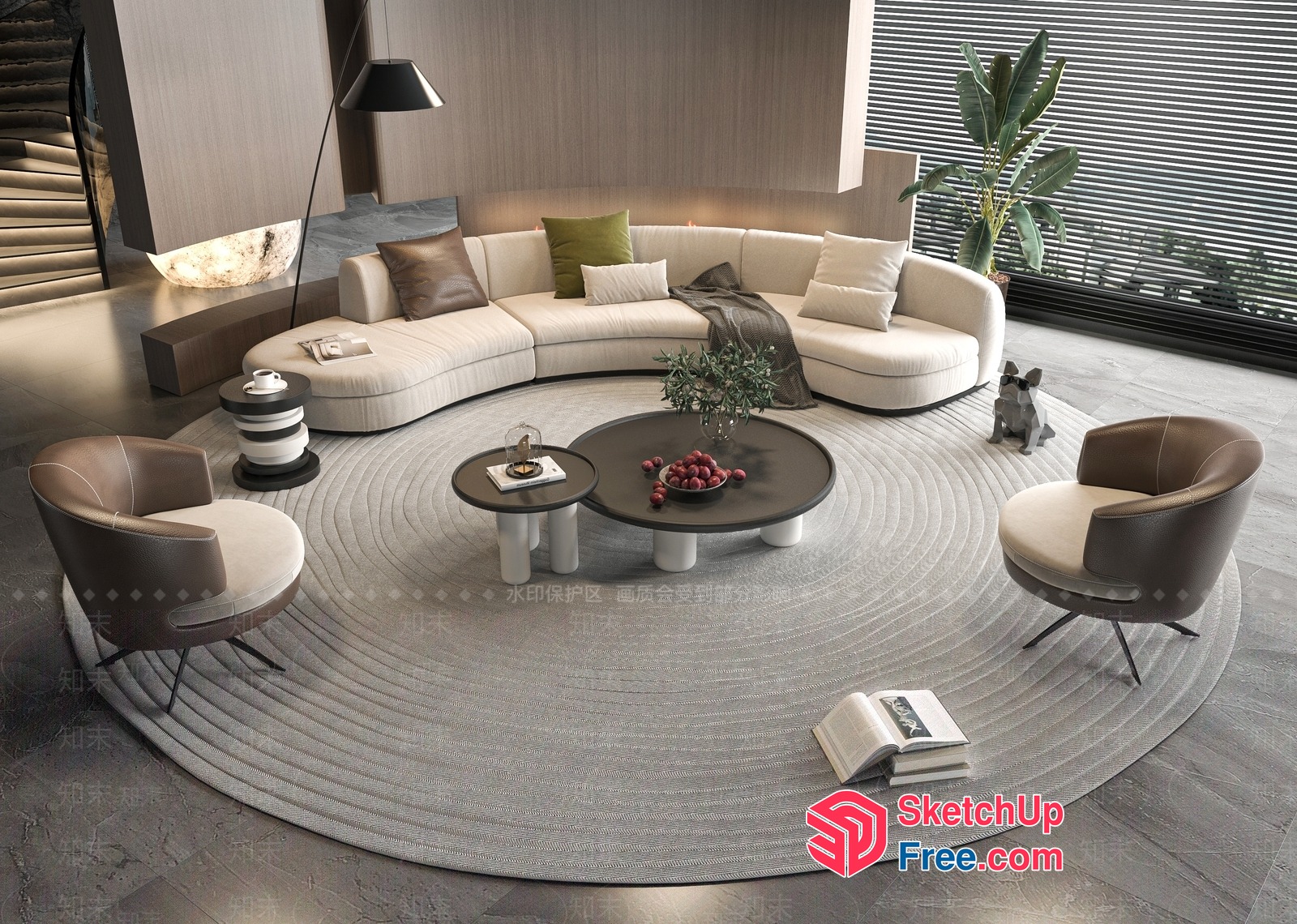 Modern Living Room With Curved Sofa And Circular Rug 3D SketchUp File