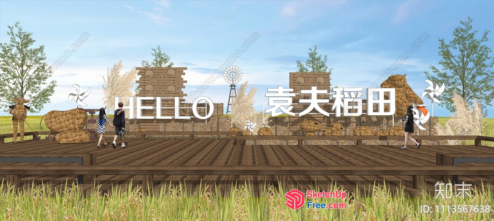 Outdoor Welcome Sign With Hay Bale And Animal Sculptures 3D SketchUp File