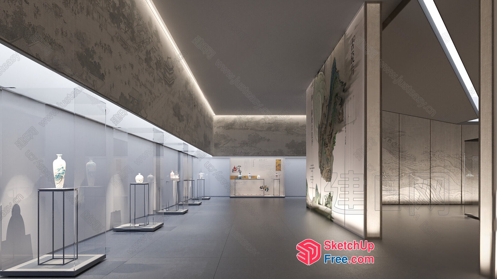 Modern Art Gallery With Sleek Display Cases And Elegant Vases 3D SketchUp File