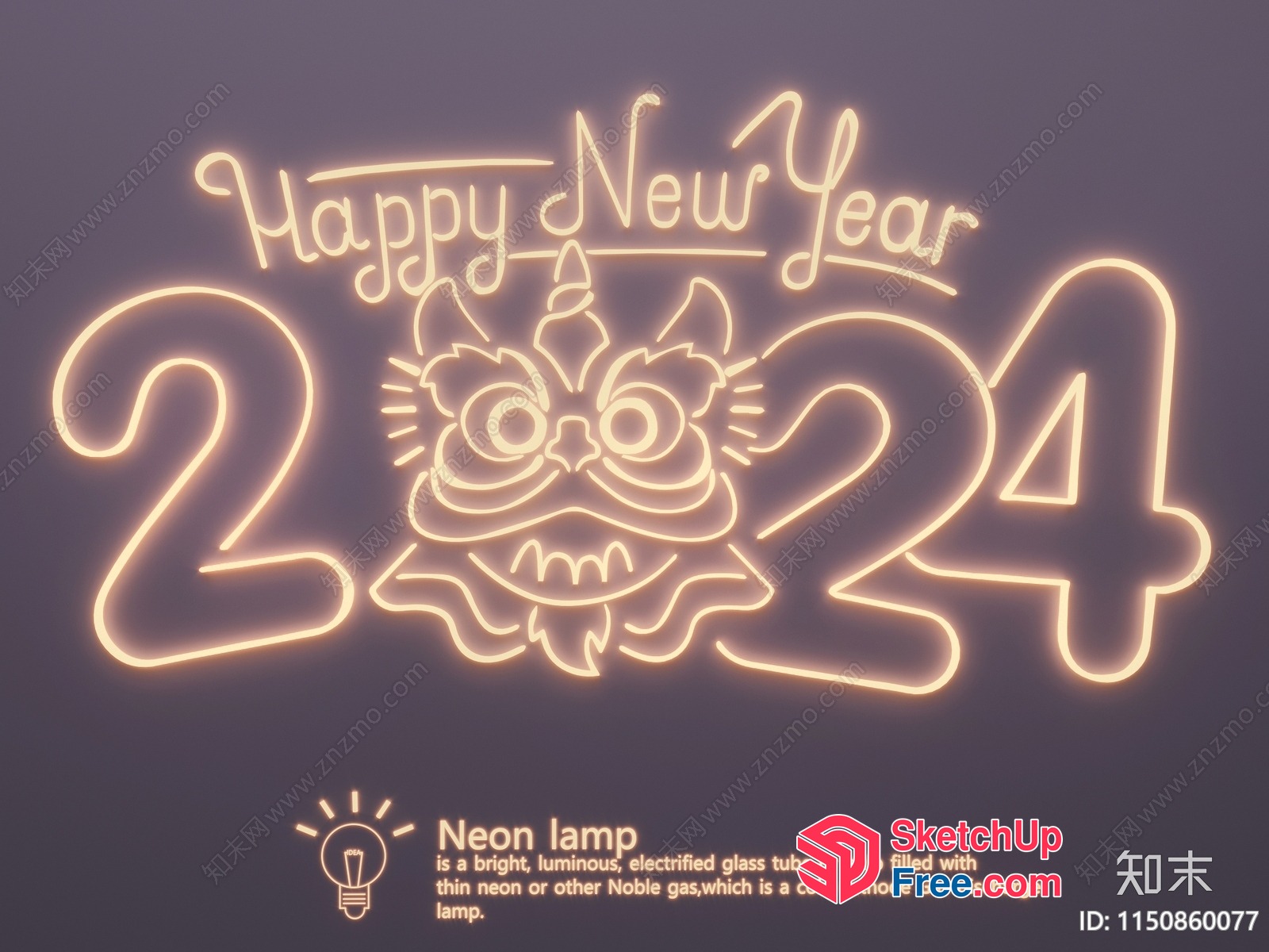 Happy New Year 2024 Neon Lamp 3D SketchUp File