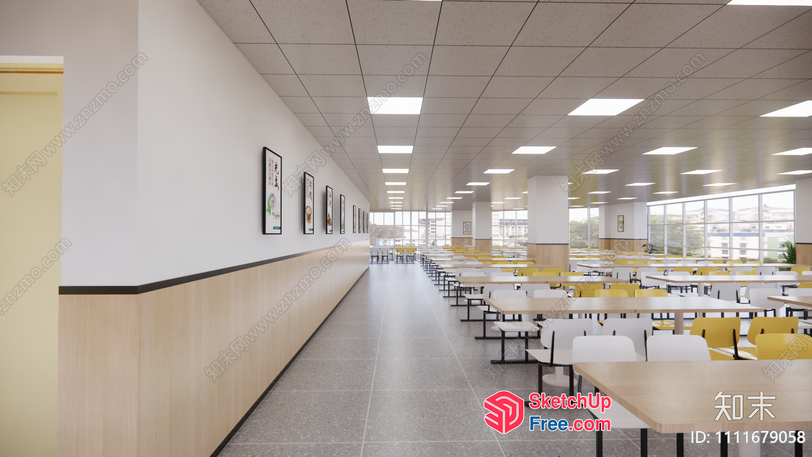 Long Hallway With Rows Of Tables And Chairs 3D SketchUp File