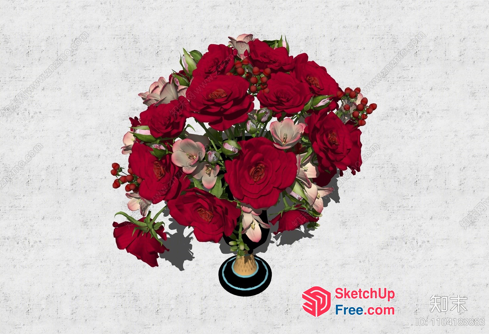 A Bouquet Of Red Roses And White Flowers In A Vase 3D SketchUp File