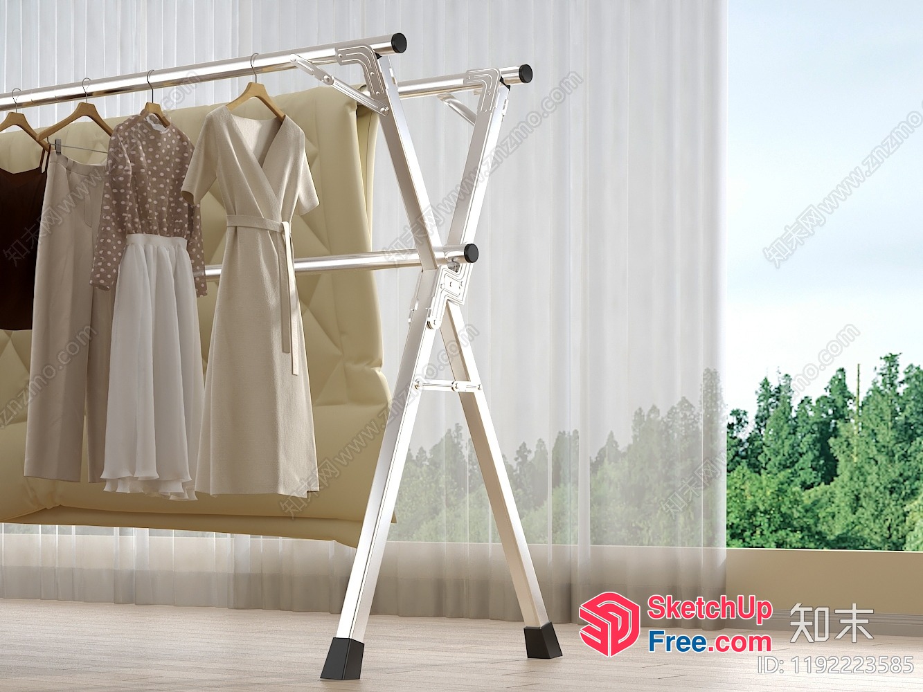 Clothes Drying Rack With Hanging Clothes In A Bedroom 3D SketchUp File