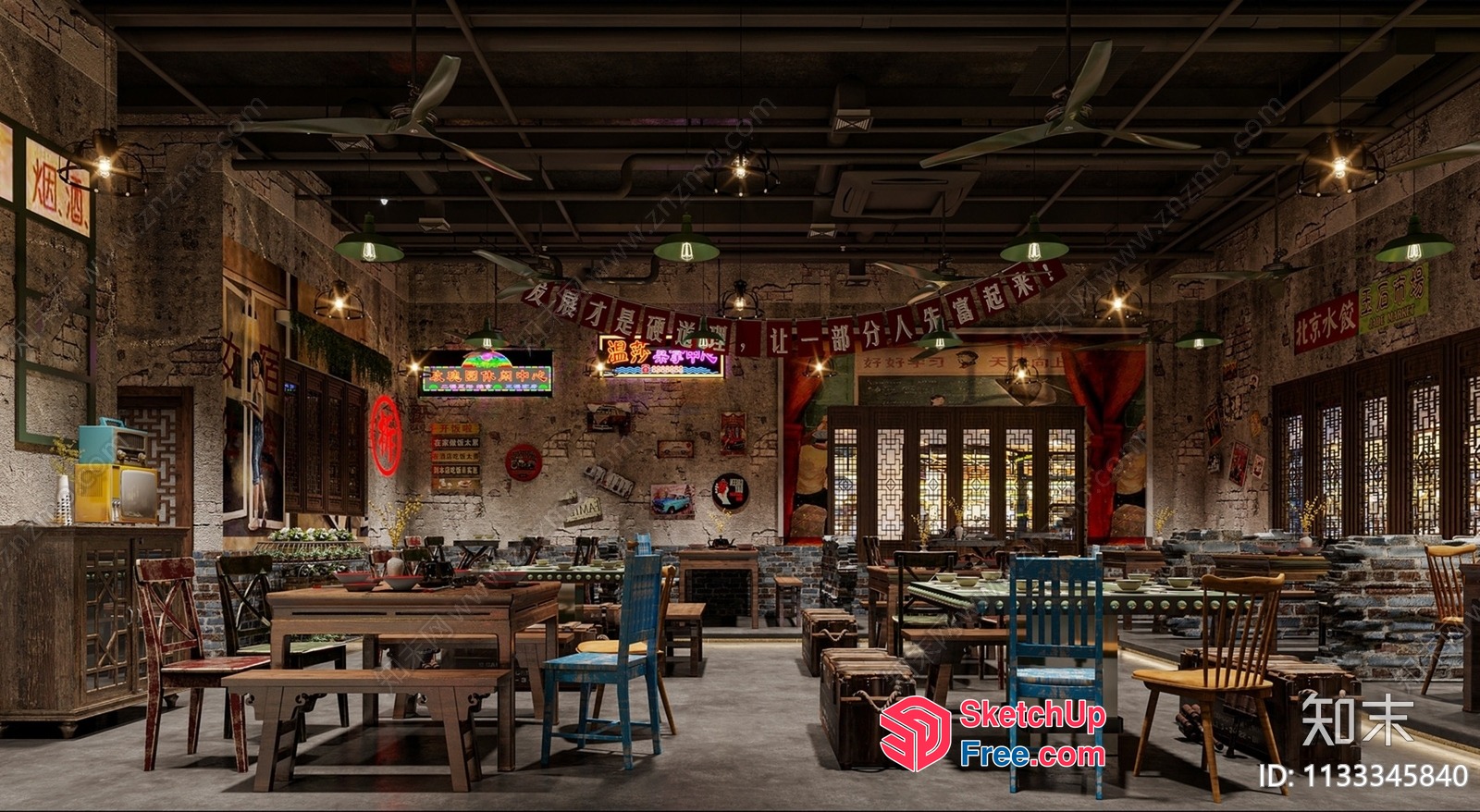 Asian-Inspired Restaurant Interior With Vintage Decor 3D SketchUp File