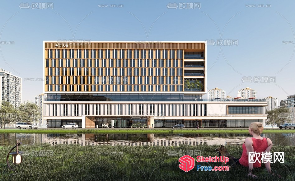 Large Building With Glass Curtain Wall And Car Park 3D SketchUp File