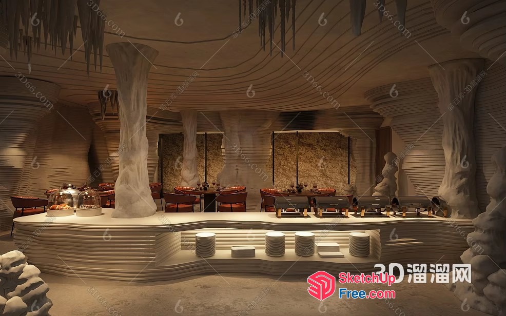Elegant Restaurant Interior With Unique Ceiling And Pillar Decor 3D SketchUp File