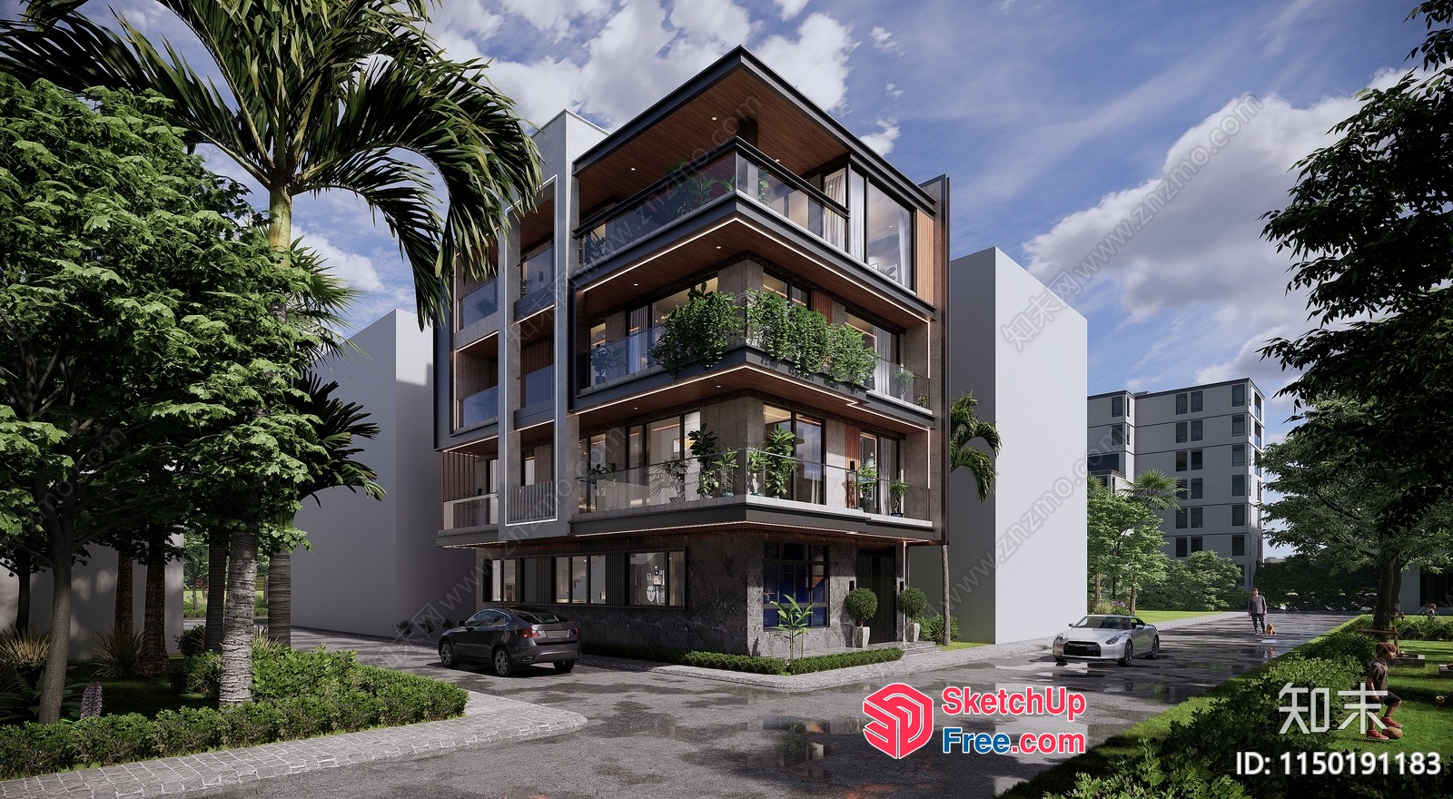 Modern Apartment Building With Balconies And Cars Parked In Front 3D SketchUp File