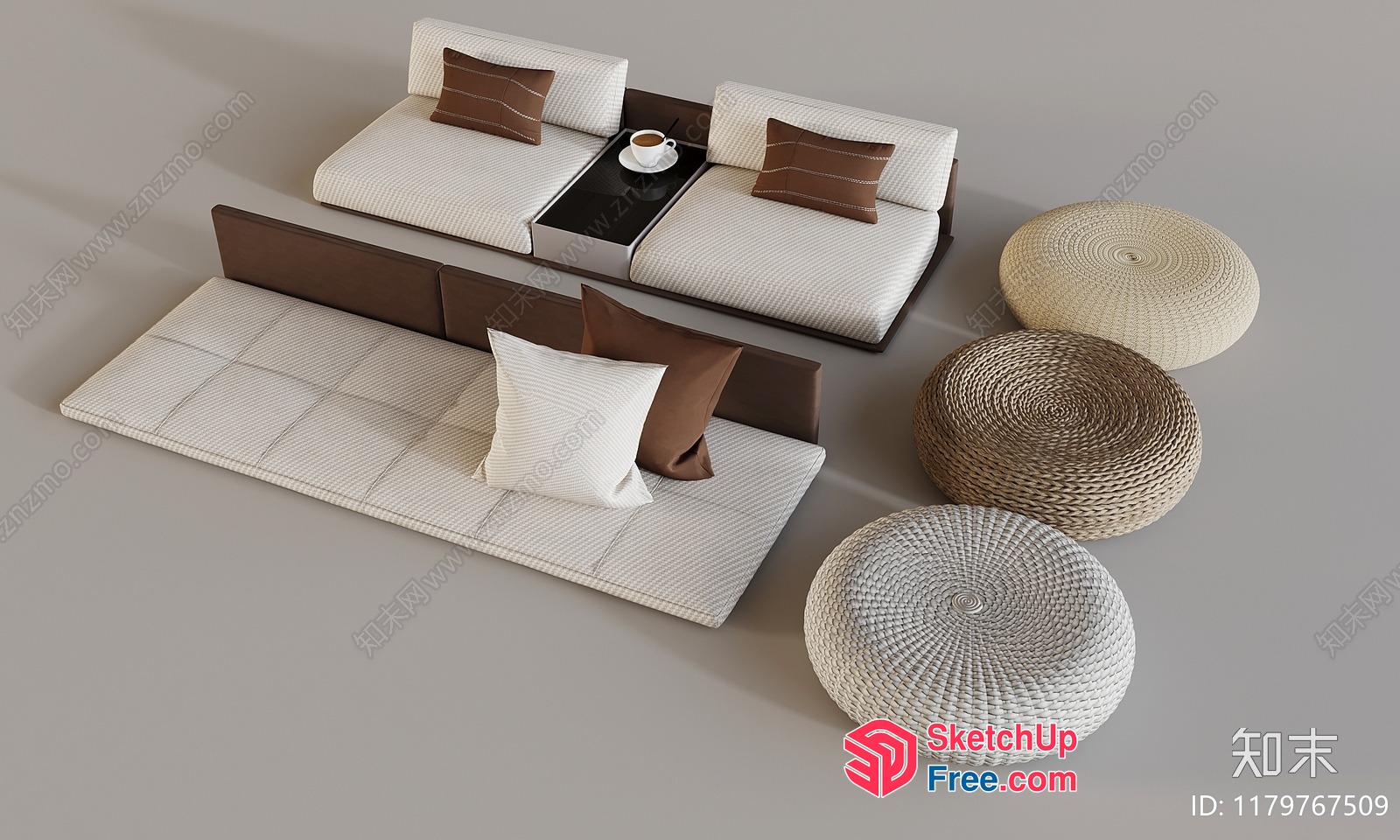 Modern Japanese-Inspired Living Room Furniture Set 3D SketchUp File
