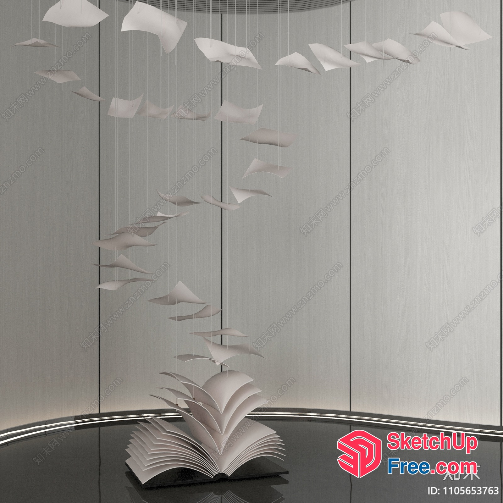 Elegant White Book Sculpture Suspended In A Modern Room 3D SketchUp File