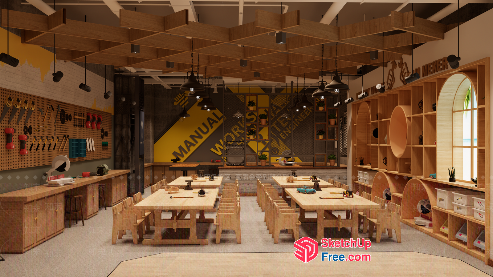 Modern Workshop Space With Wooden Furniture And Natural Light 3D SketchUp File