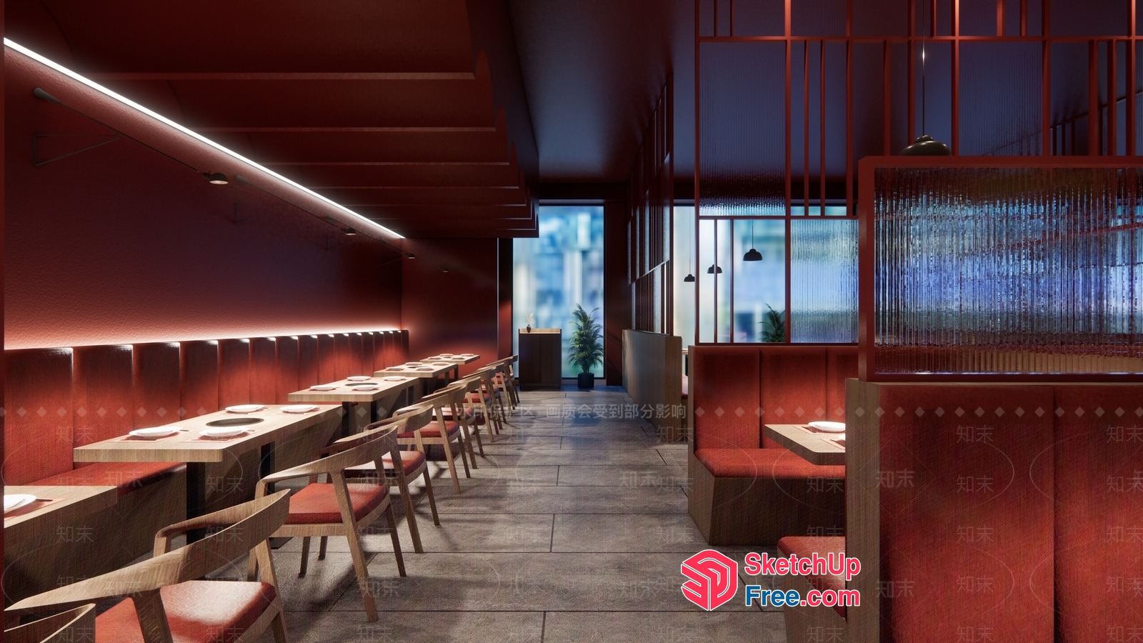 Modern Japanese Restaurant Interior With Red And Wood Accents 3D SketchUp File