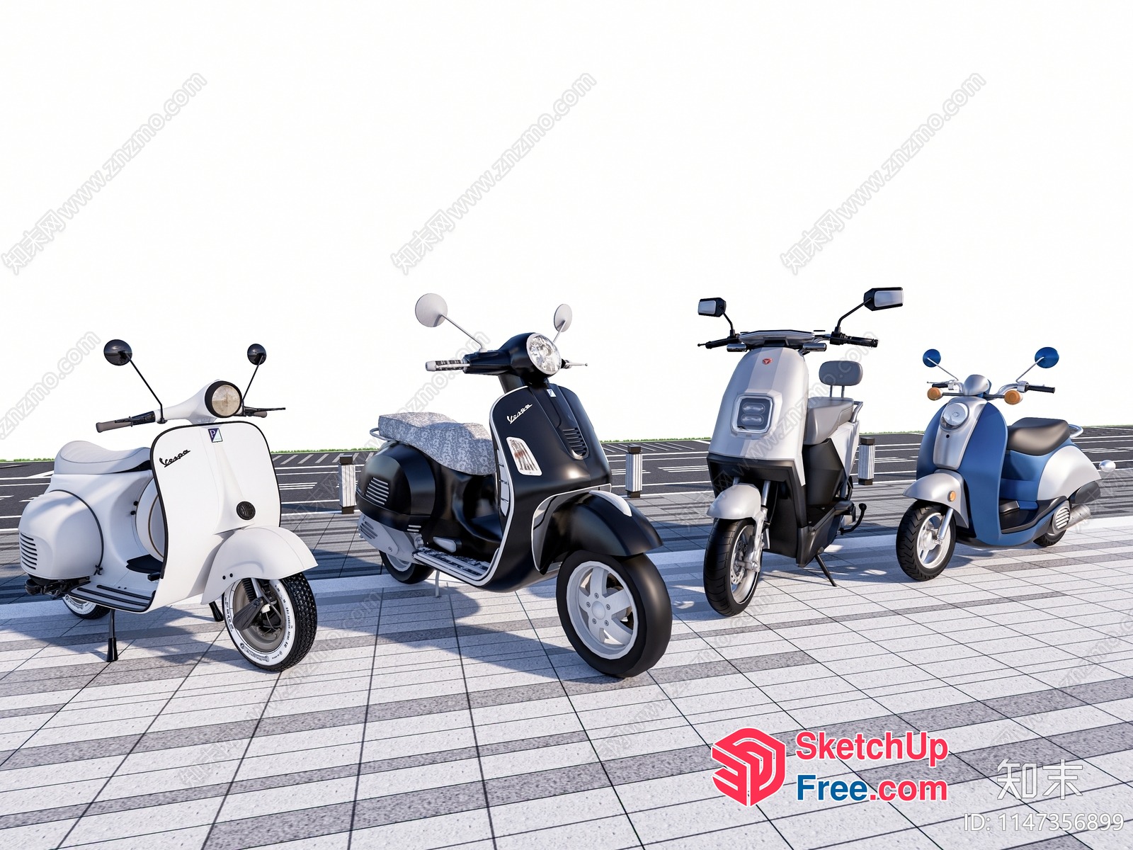 Four Vintage Scooters Parked On A Tiled Platform 3D SketchUp File