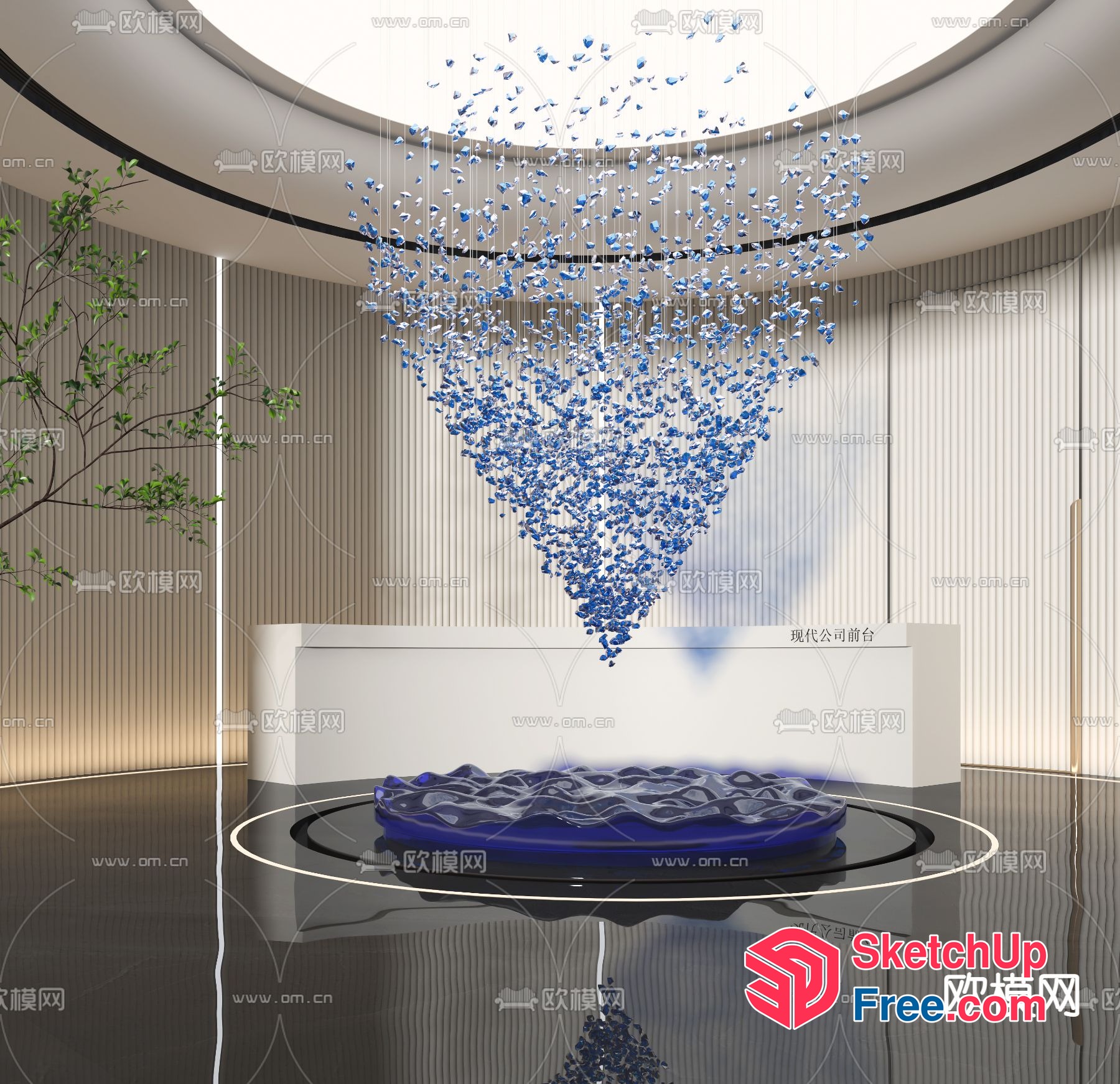 Modern Fountain And Chandelier In A Contemporary Room 3D SketchUp File