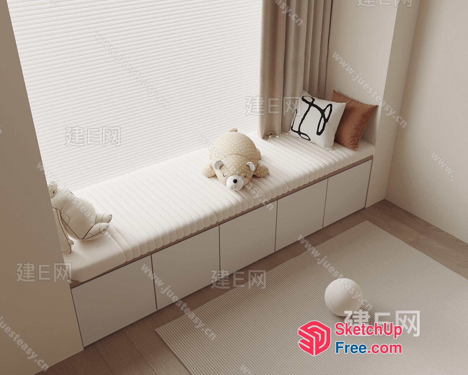 White And Brown Window Seat With Stuffed Animals And Pillows 3D SketchUp File