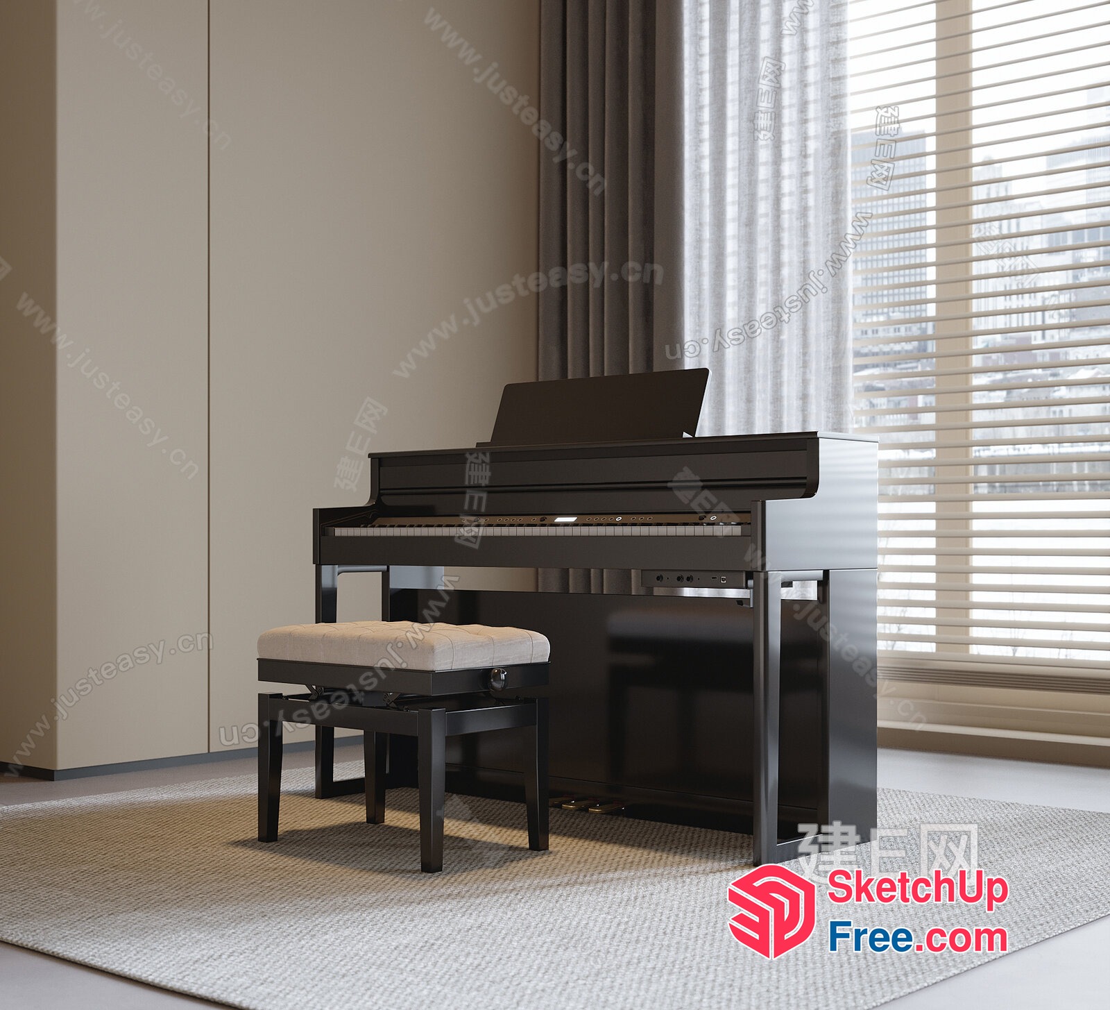 Piano And Stool In A Modern Room 3D SketchUp File
