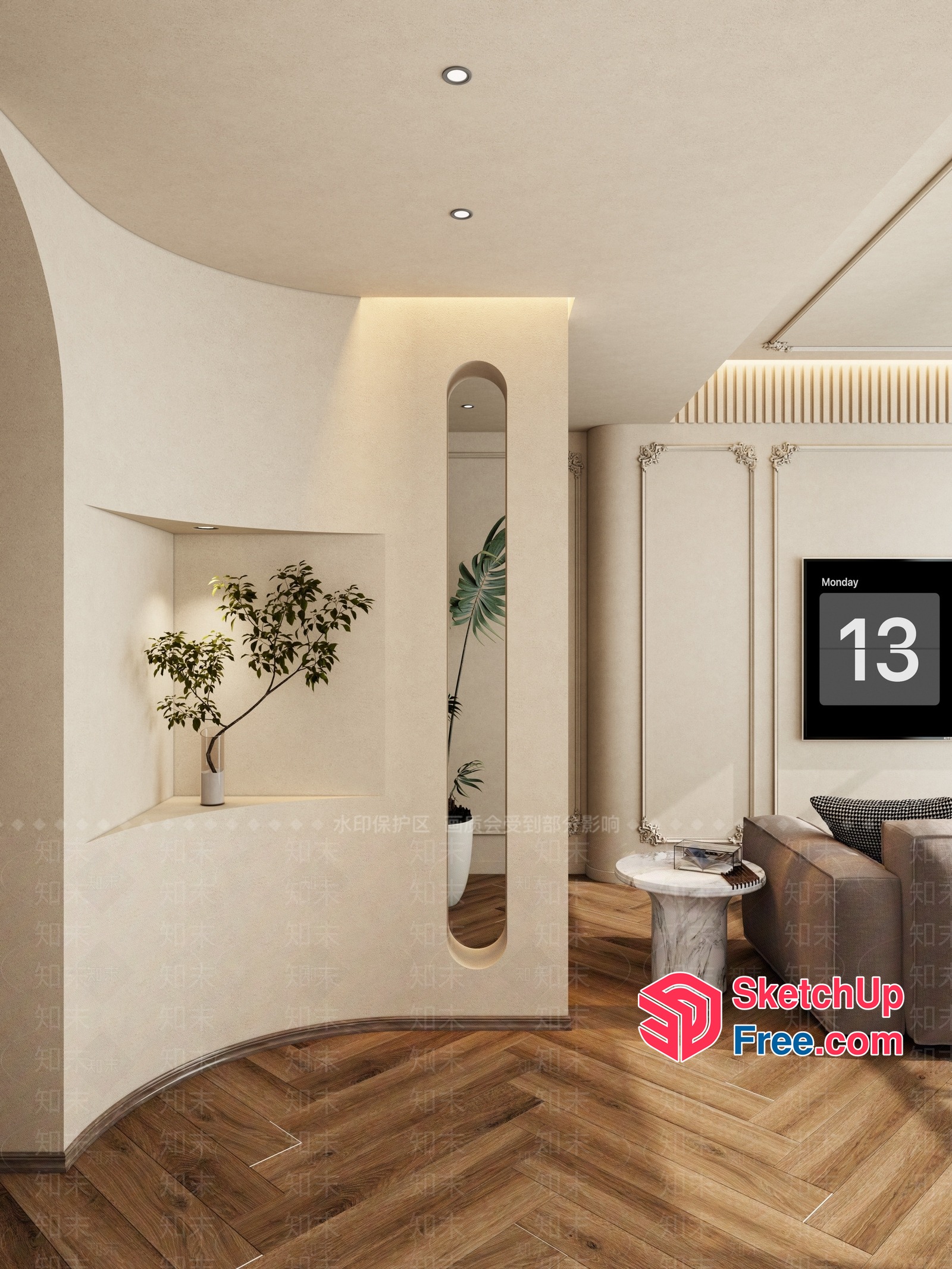 Curved Wall Design With Plants And Mirror 3D SketchUp File