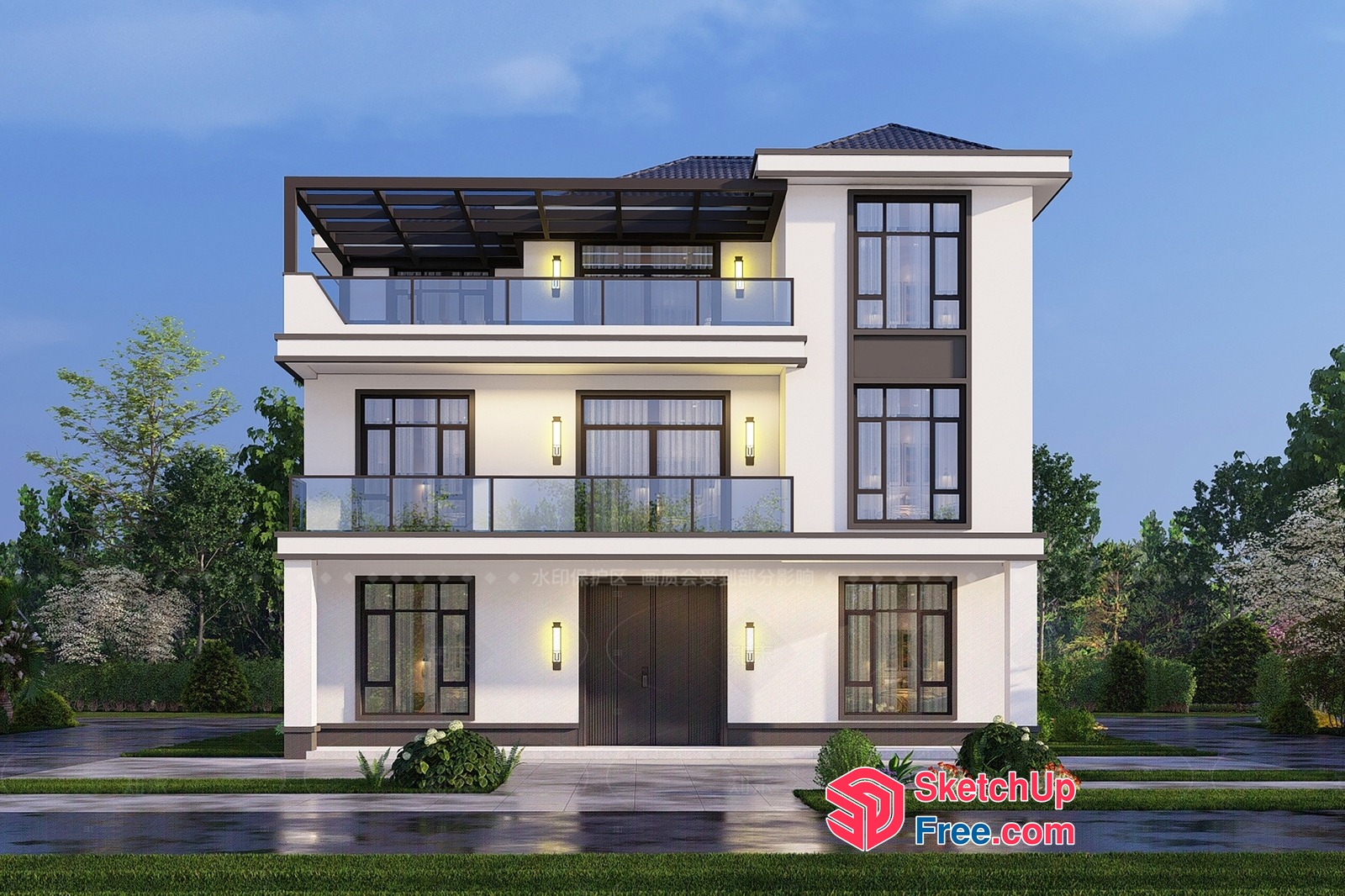 Modern White Villa With Balconies And Elevator 3D SketchUp File