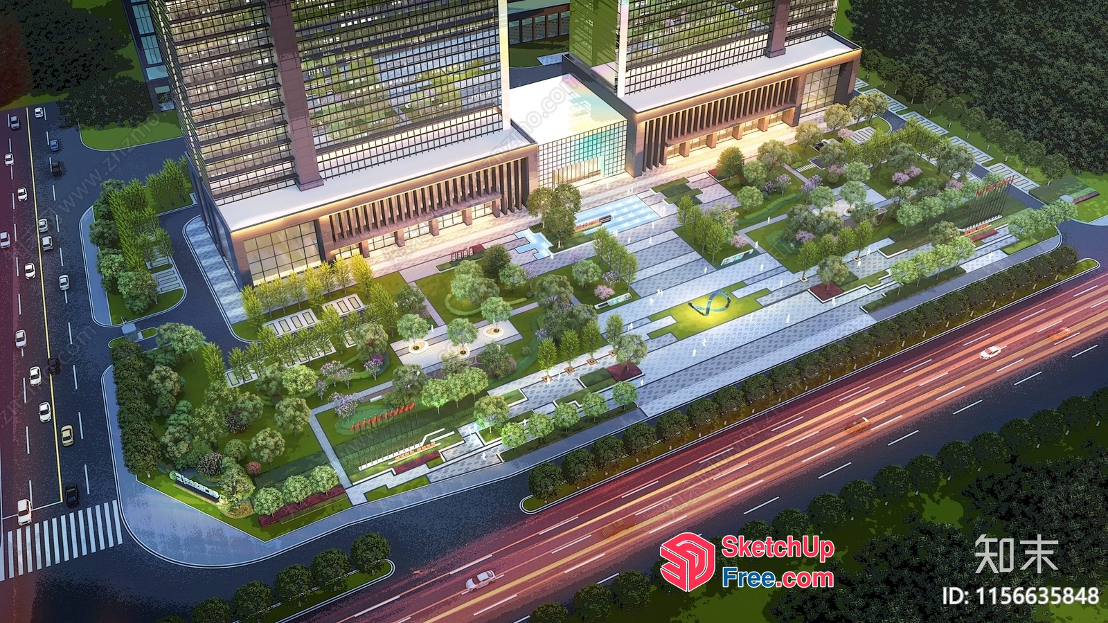 Aerial View Of Modern Commercial Building With Greenery 3D SketchUp File