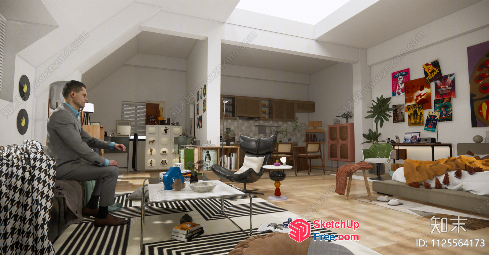 Modern Living Room With A Man In A Gray Suit 3D SketchUp File