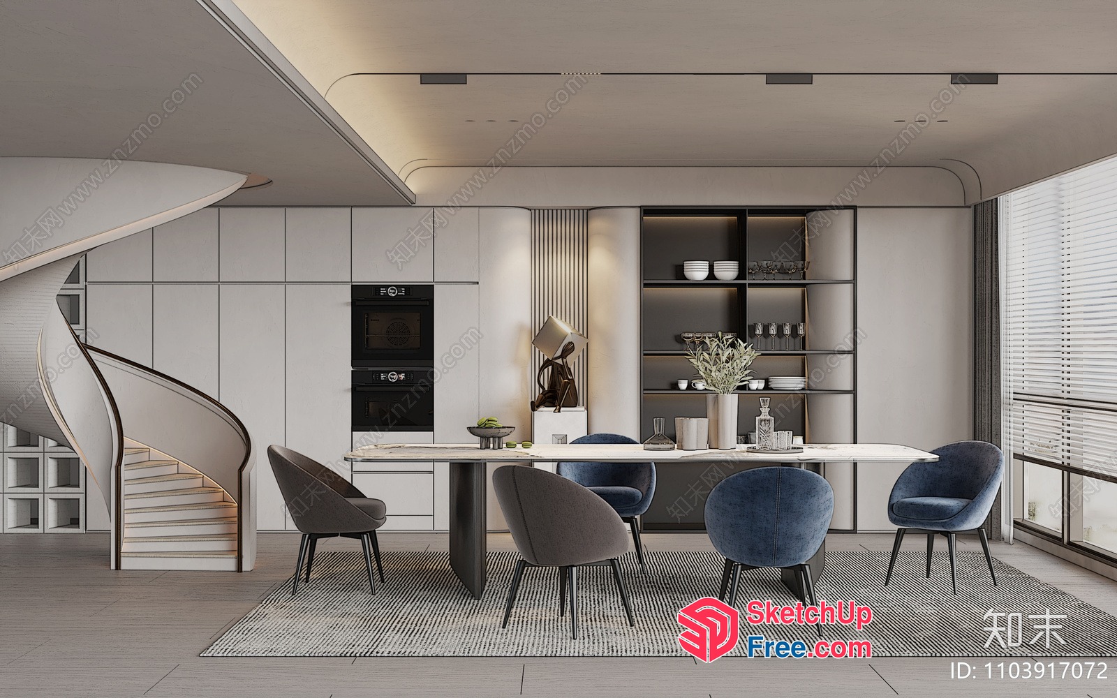 Modern Dining Room With Spiral Staircase And Kitchen Area 3D SketchUp File