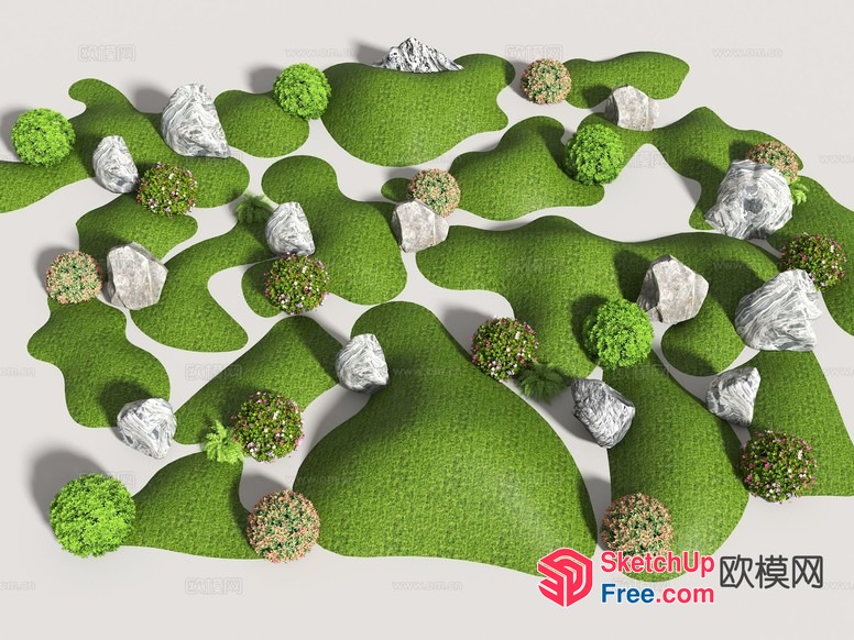 Serene Green Landscape With Rocks And Trees 3D SketchUp File