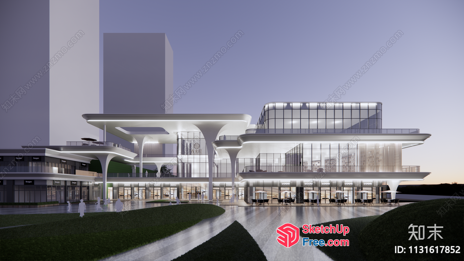 Modern Building With Glass Curtain Wall And Pillars 3D SketchUp File