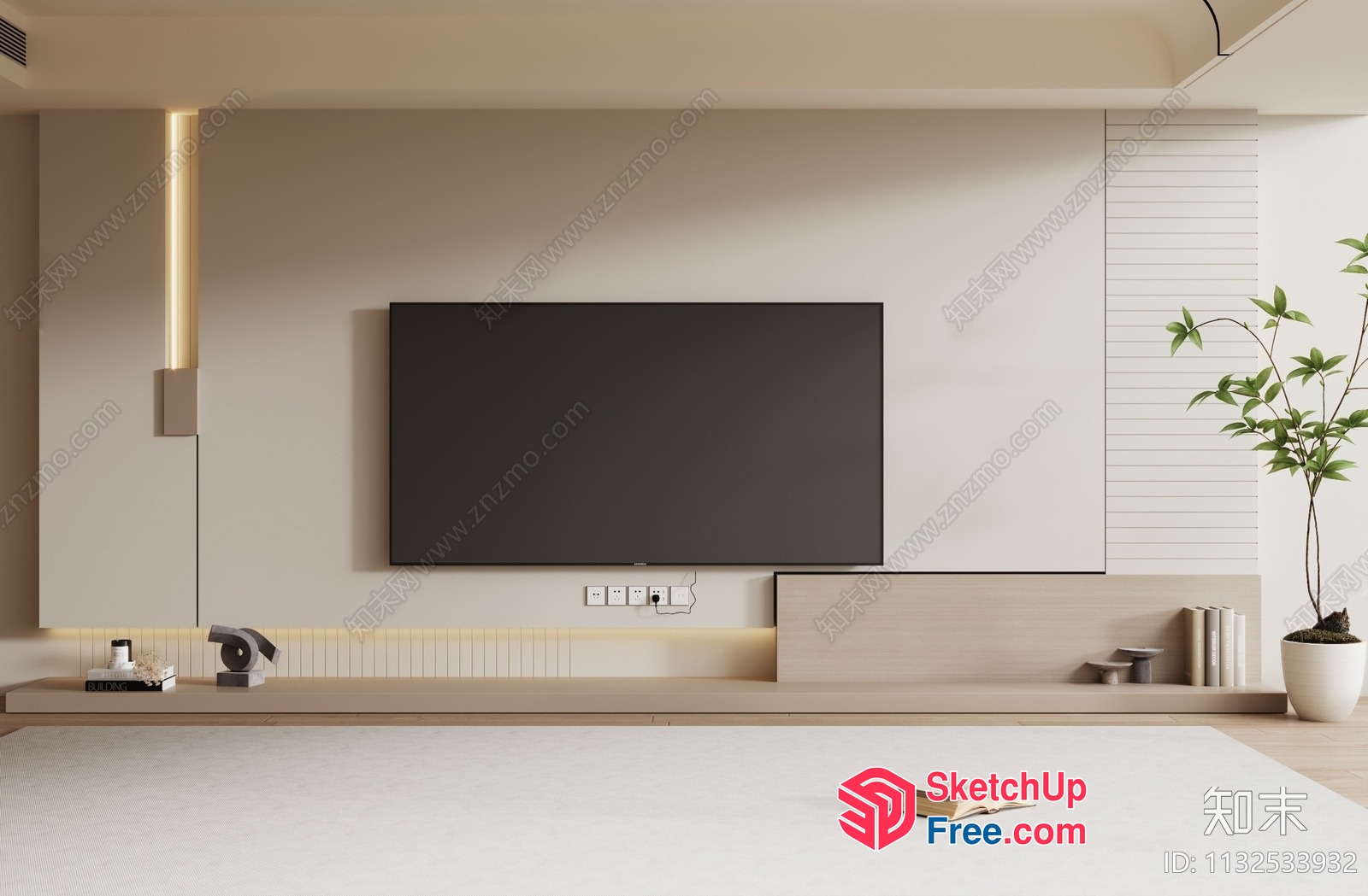 Minimalist Living Room With Modern Tv And Plant 3D SketchUp File