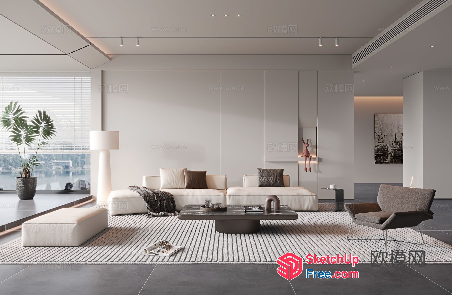 Elegant Modern Living Room With Creamy Style Sofa 3D SketchUp File