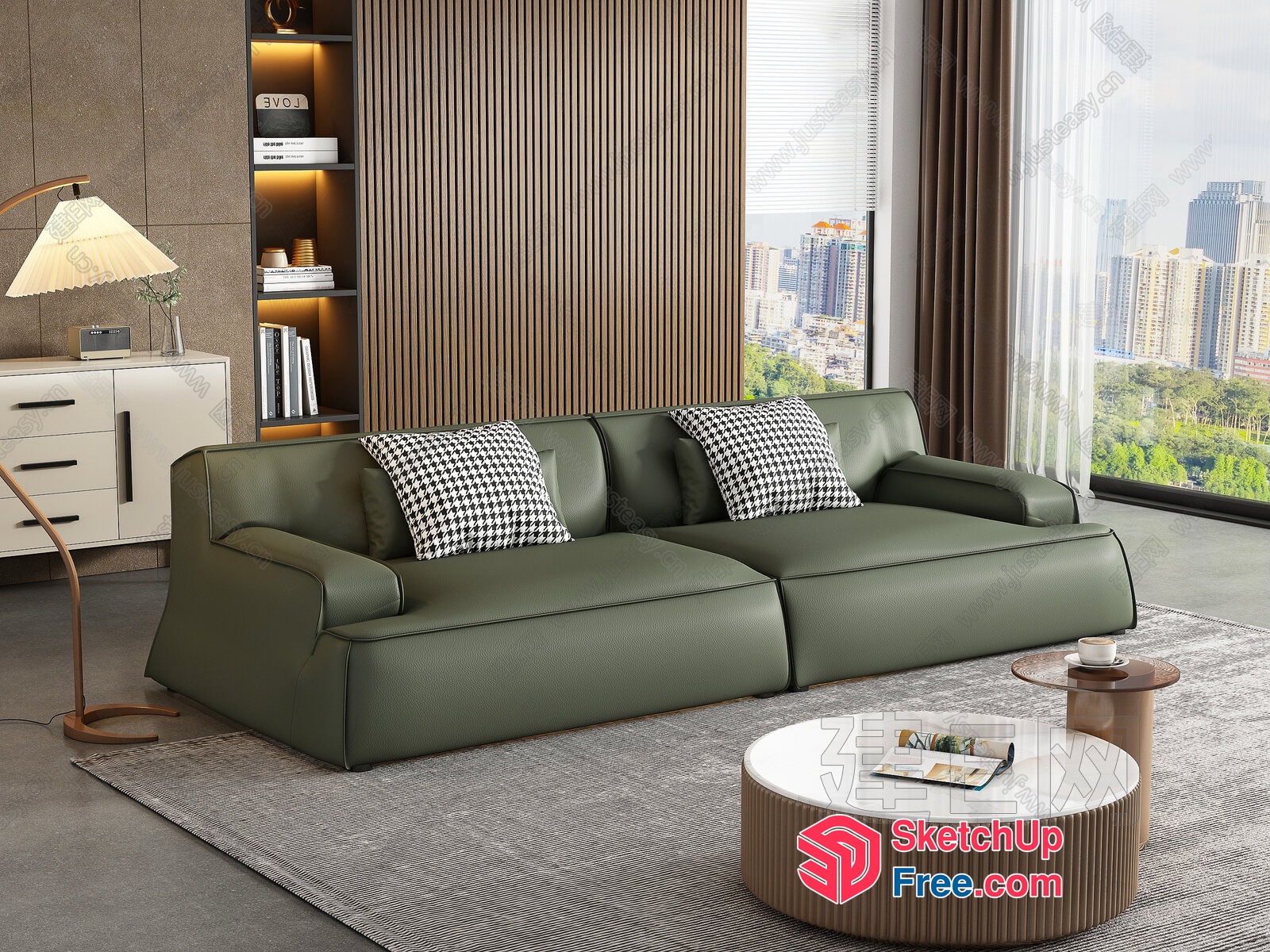 Modern Living Room With Green Sofa And City View 3D SketchUp File