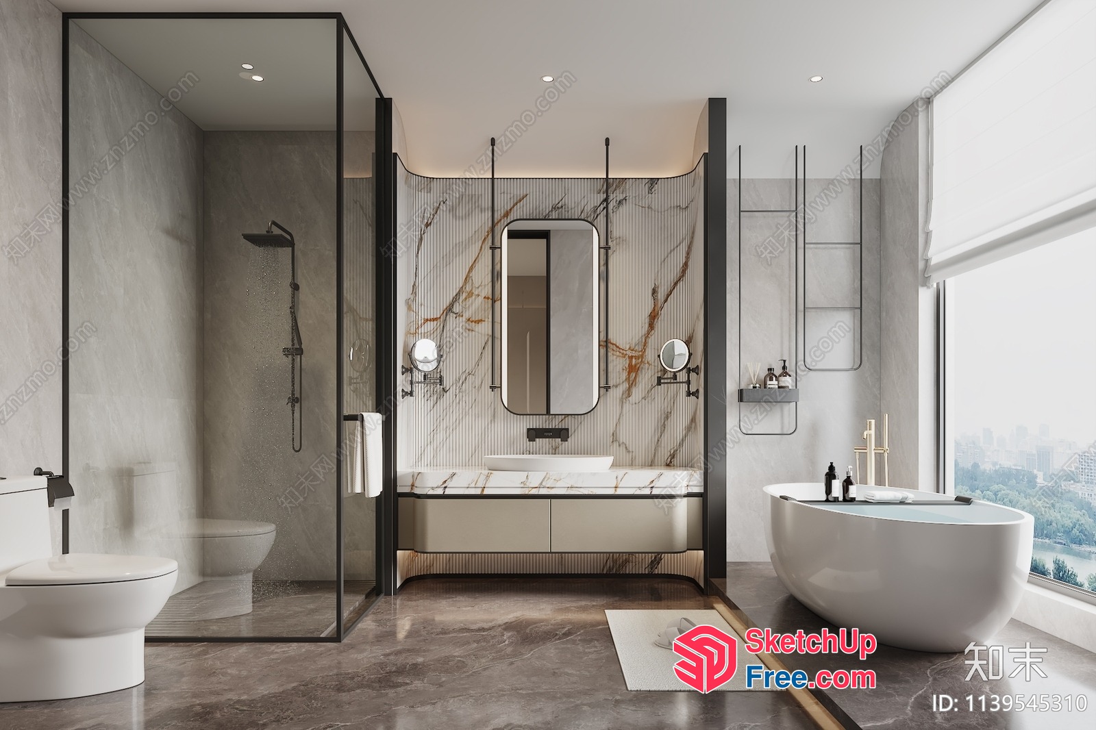 Modern Bathroom With Marble Accents And Large Window 3D SketchUp File