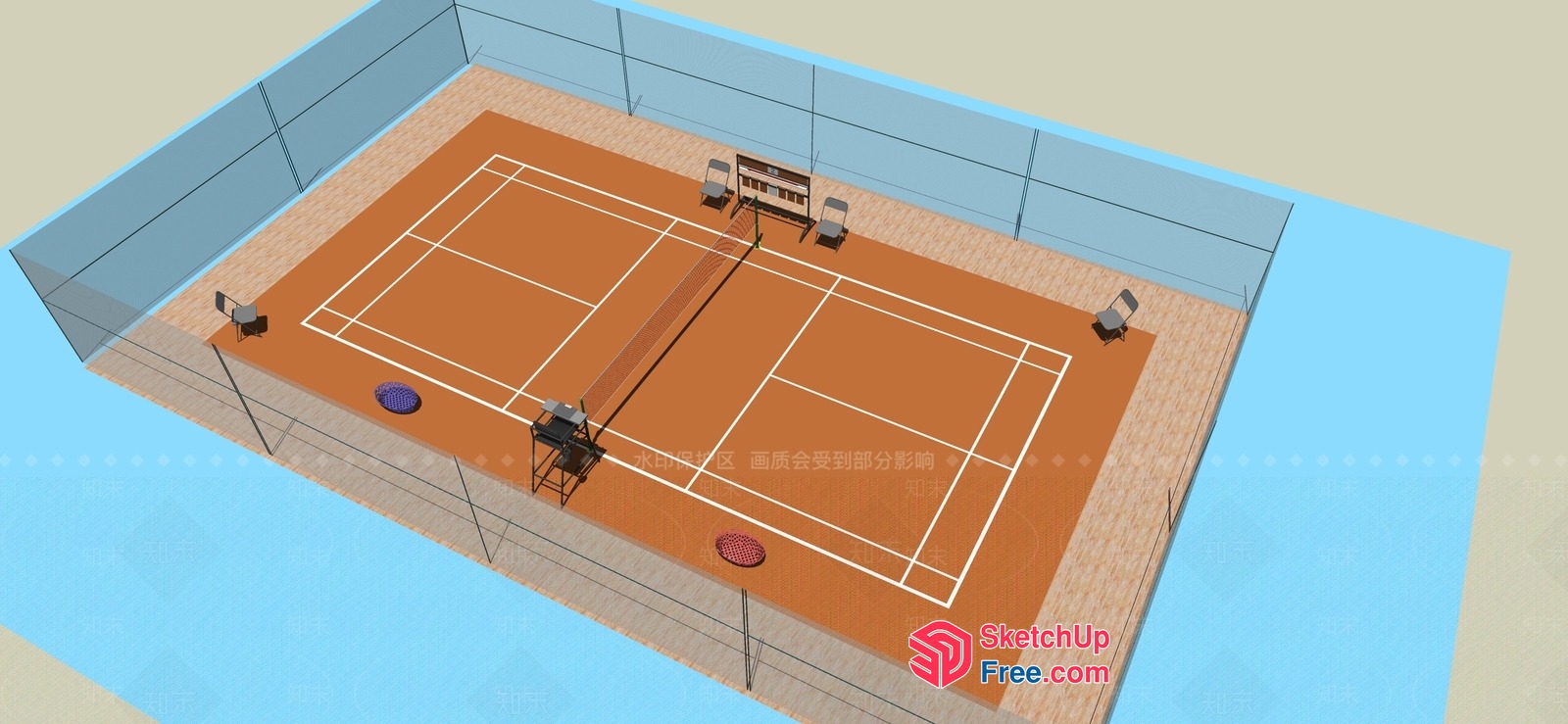 3D Rendering Of A Tennis Court With A Fenced Perimeter And Bleachers 3D SketchUp File