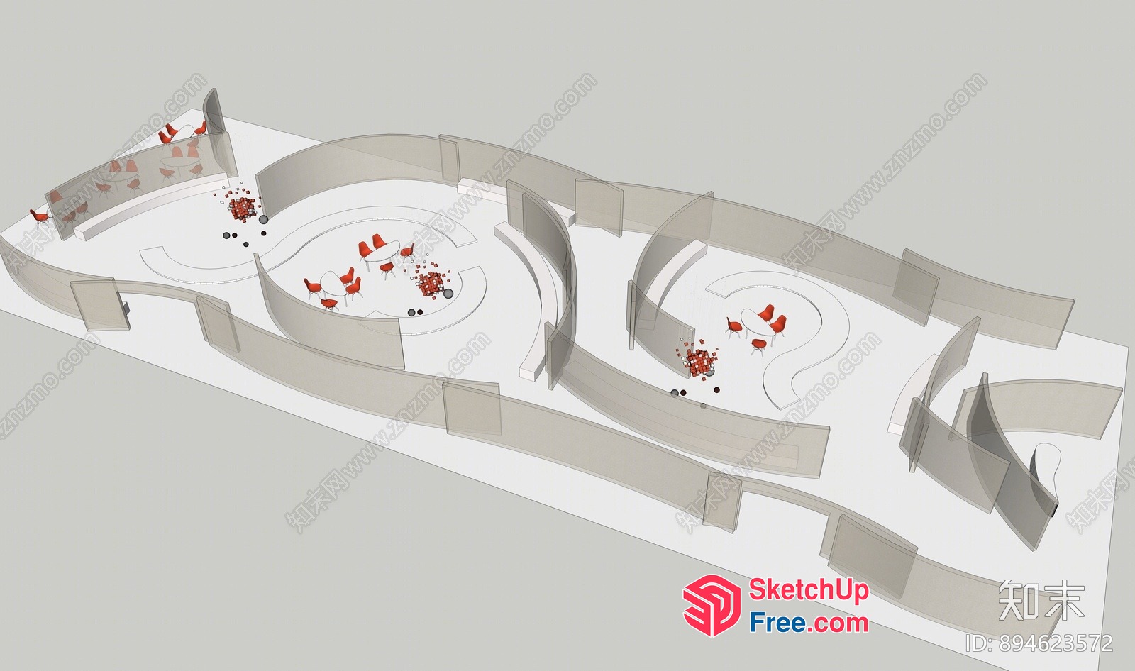 Modern Office Space With Curved Walls And Red Chairs 3D SketchUp File