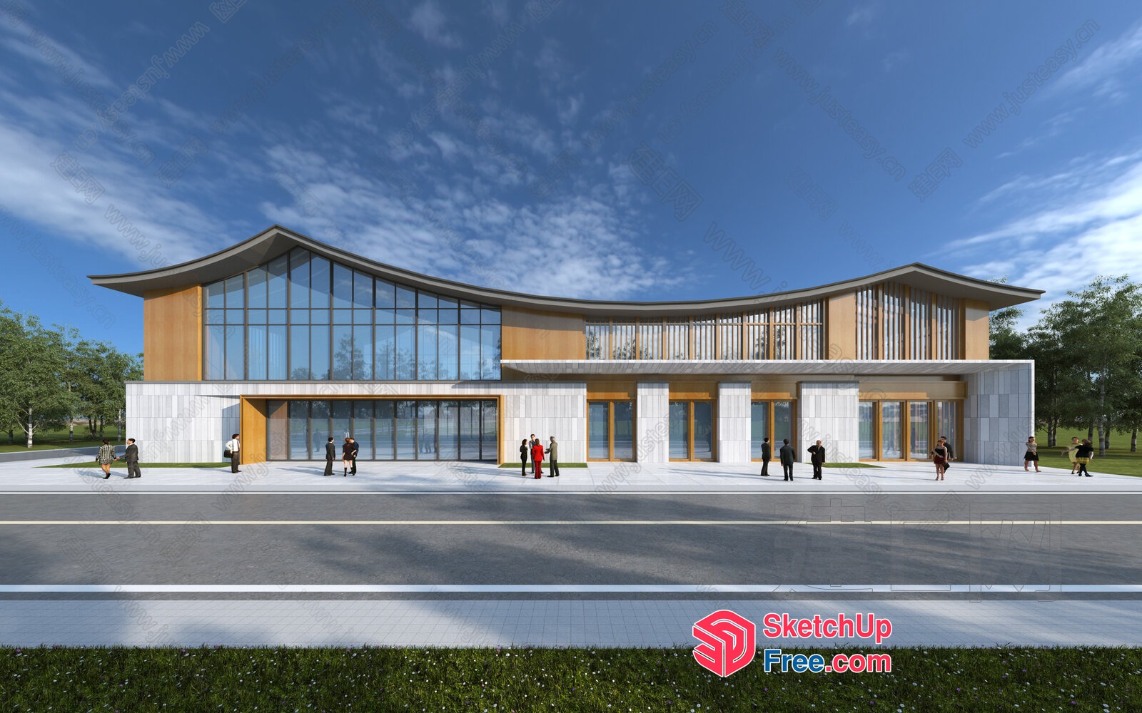 Modern Two-Story Building With Glass Curtain Wall And Balcony 3D SketchUp File