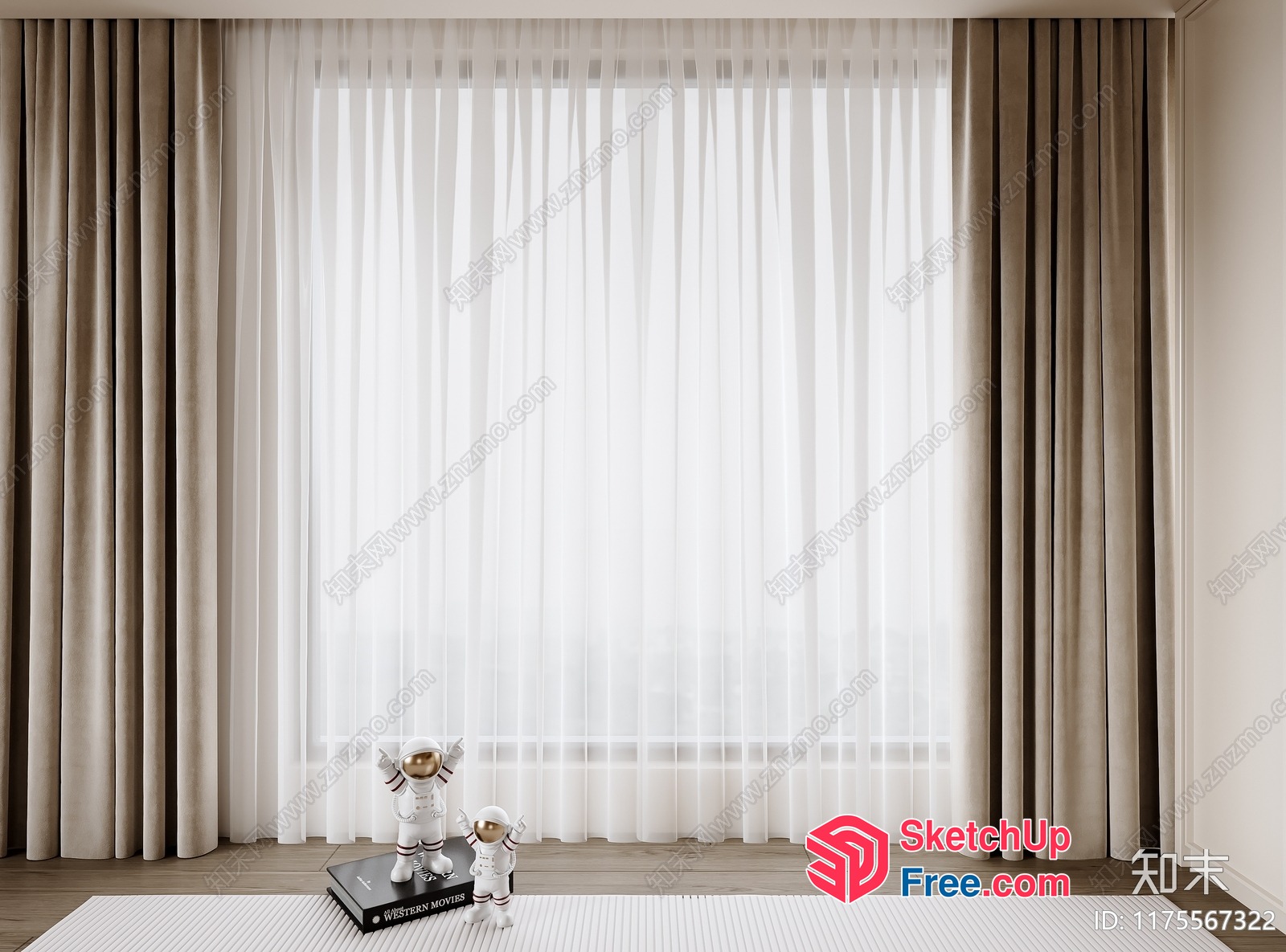 Astronaut Decor In Front Of Large Window With Sheer Curtains 3D SketchUp File
