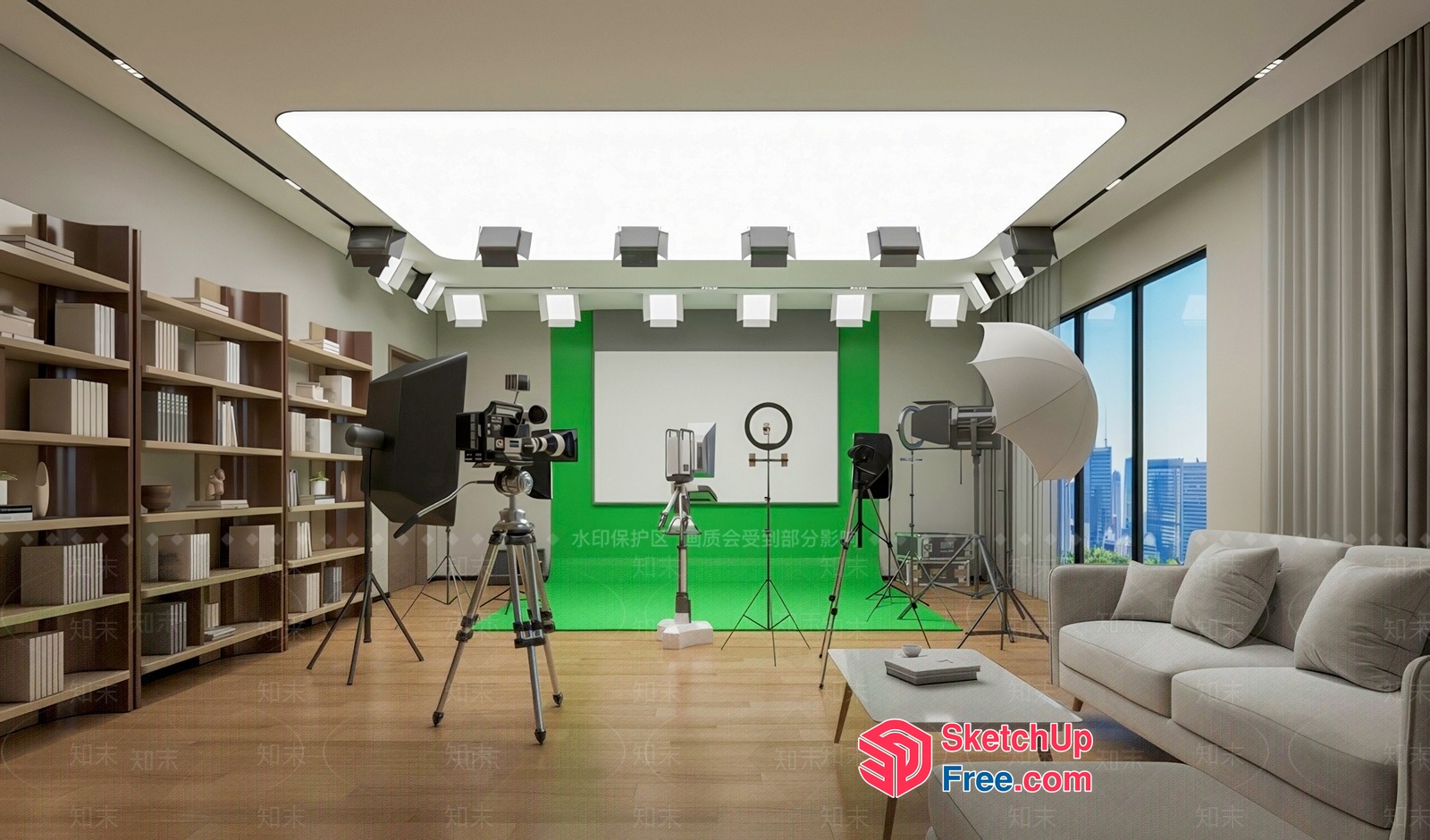Modern Living Room With Green Screen And Studio Lighting 3D SketchUp File