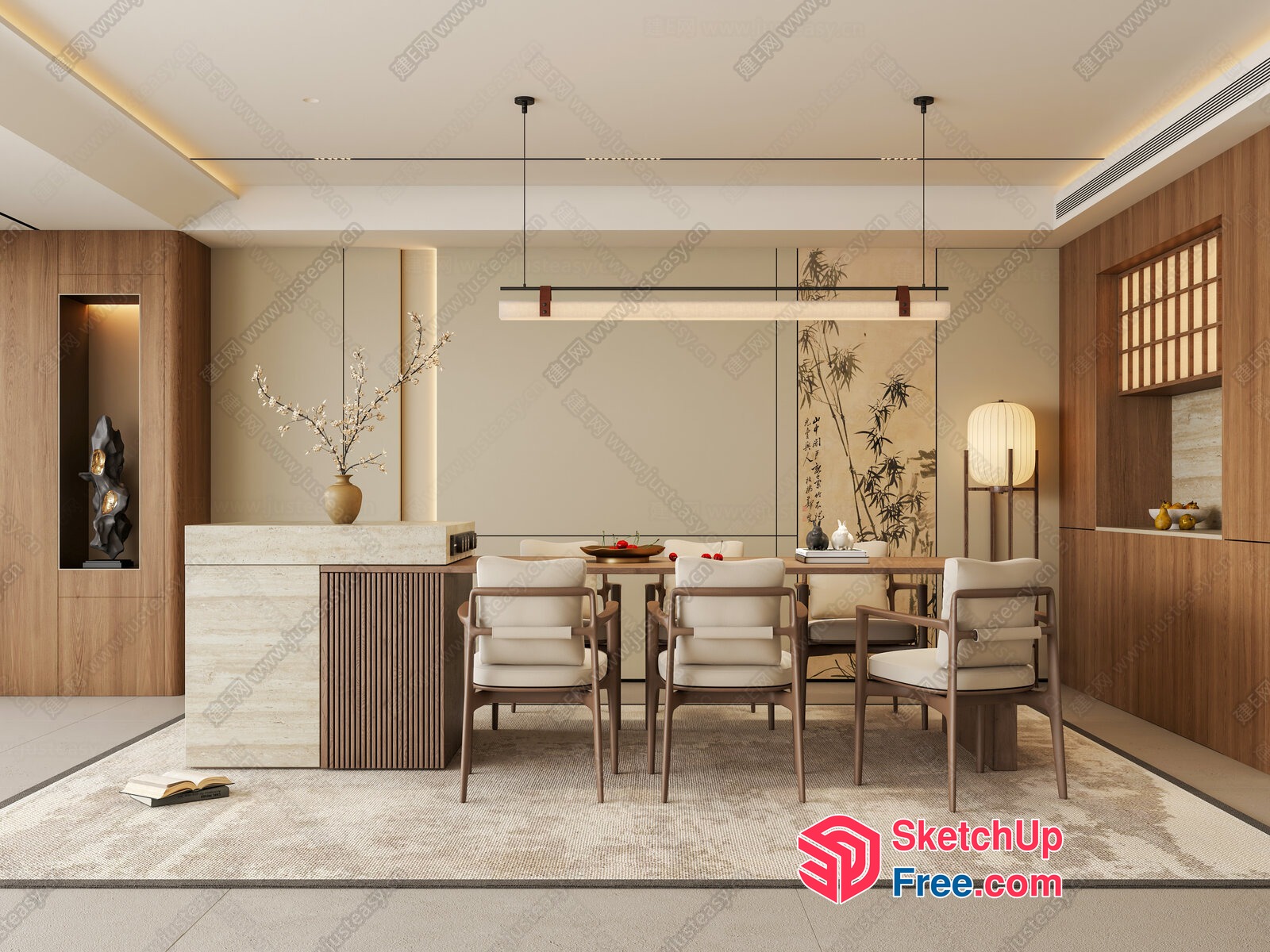 Minimalist Japanese Style Dining Room With Elegant Wood And White Accents 3D SketchUp File