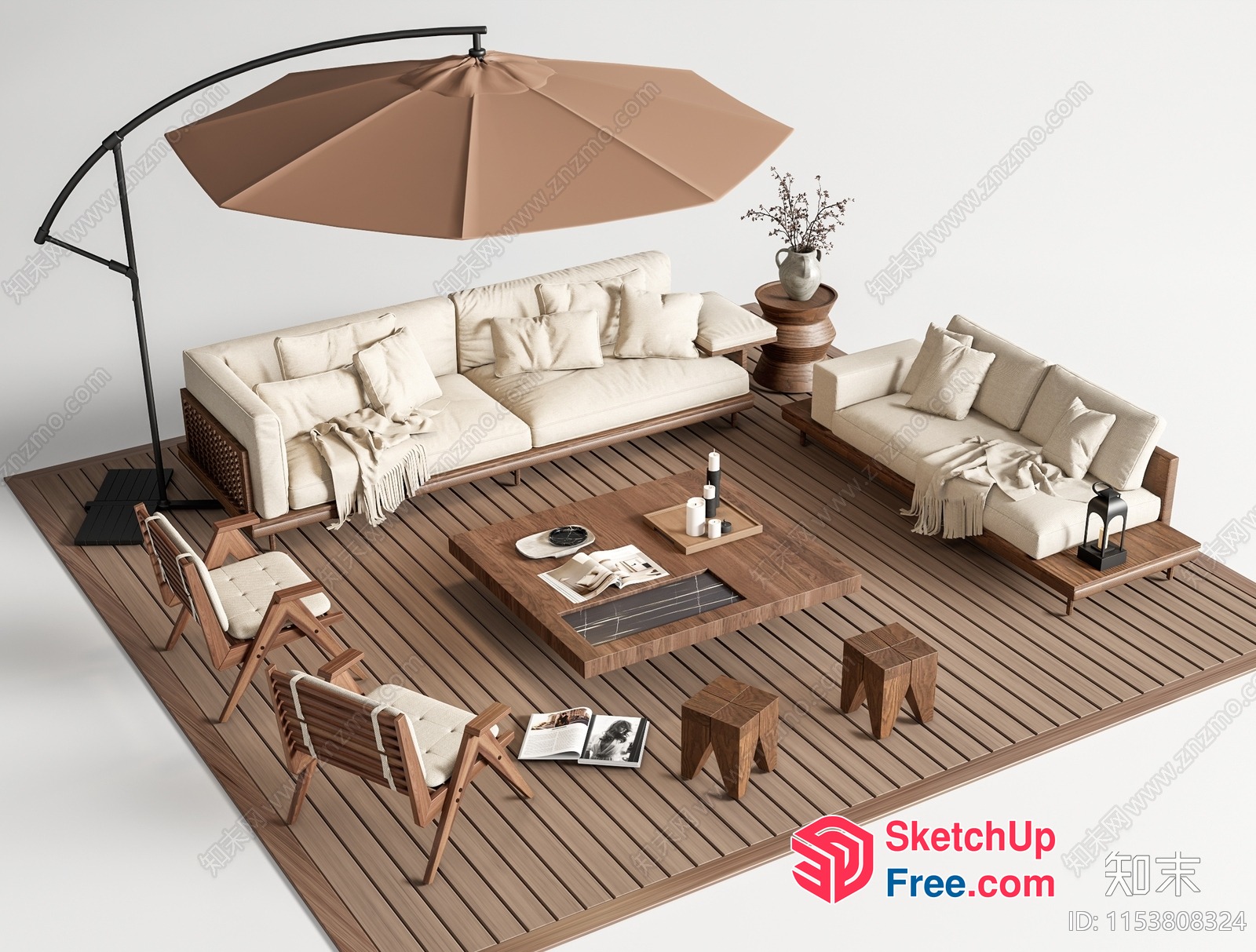 Elegant Outdoor Living Space With White Sofa Set And Wooden Floor 3D SketchUp File