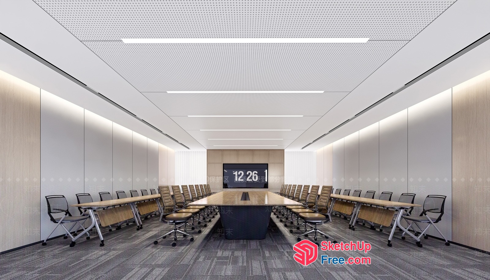 Modern Conference Room With Large Table And Clock 3D SketchUp File