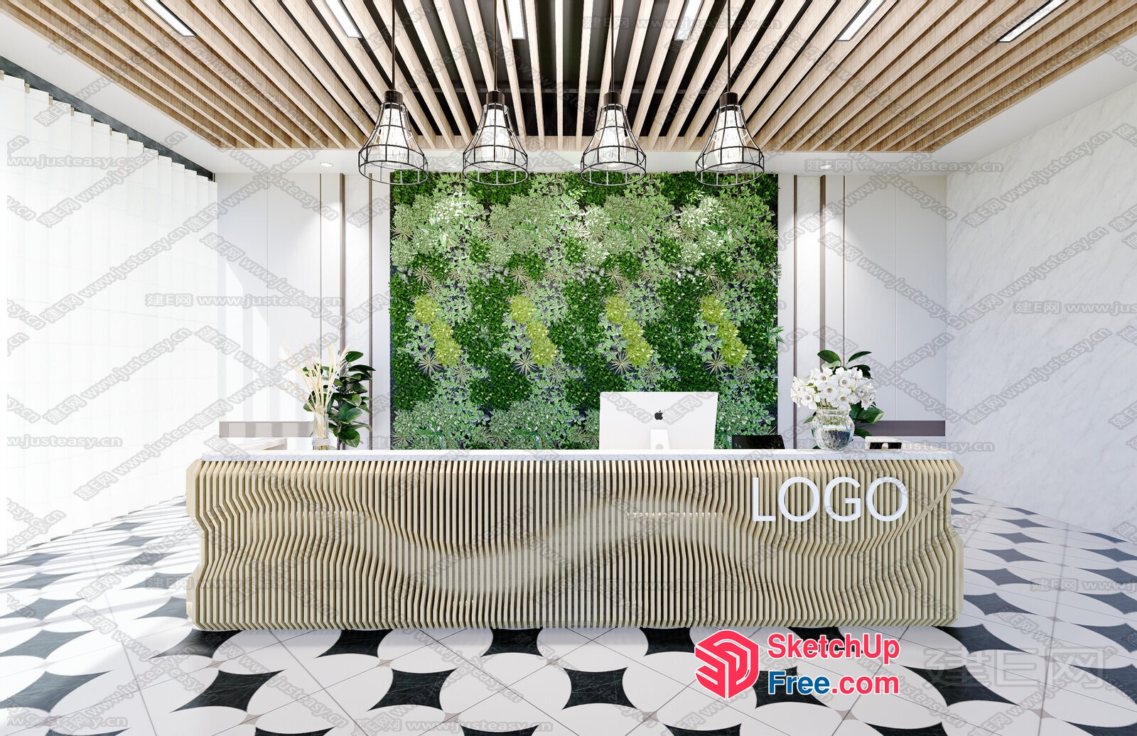 Modern Reception Desk With Green Wall And Patterned Floor 3D SketchUp File