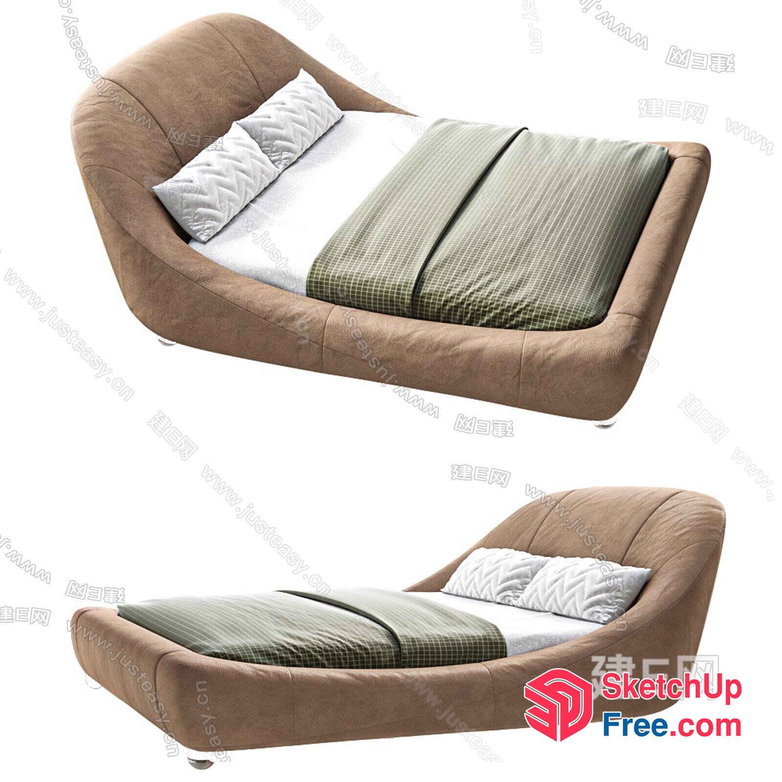 Modern Brown Bed With Green Blanket And White Pillows 3D SketchUp File