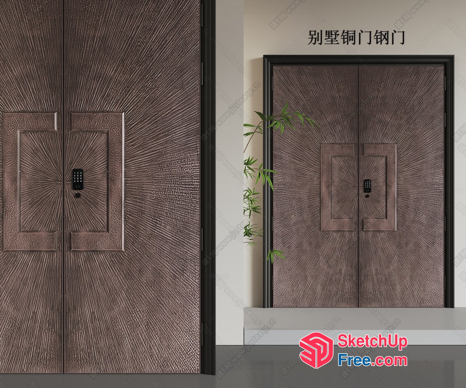 Wooden Door With Unique Carved Design And Electronic Lock 3D SketchUp File