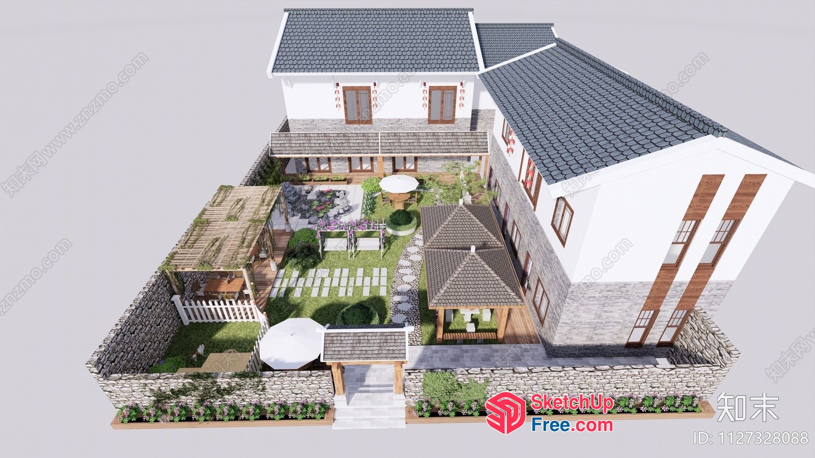 Asian-Style Villa With Spacious Garden And Multiple Roofs 3D SketchUp File