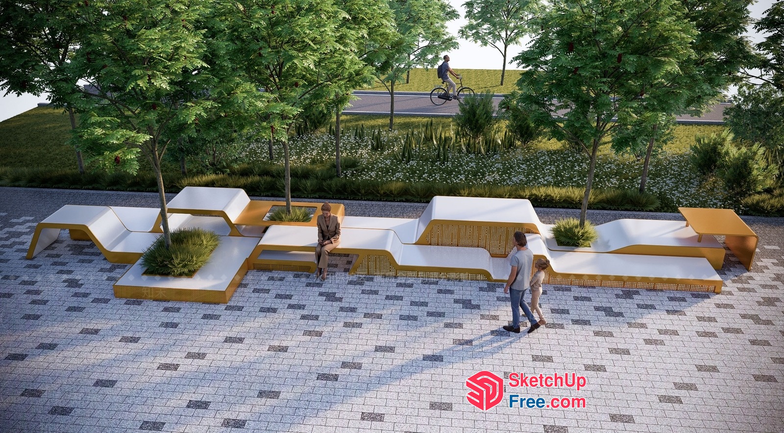 Modern Outdoor Seating Area With White And Yellow Benches 3D SketchUp File
