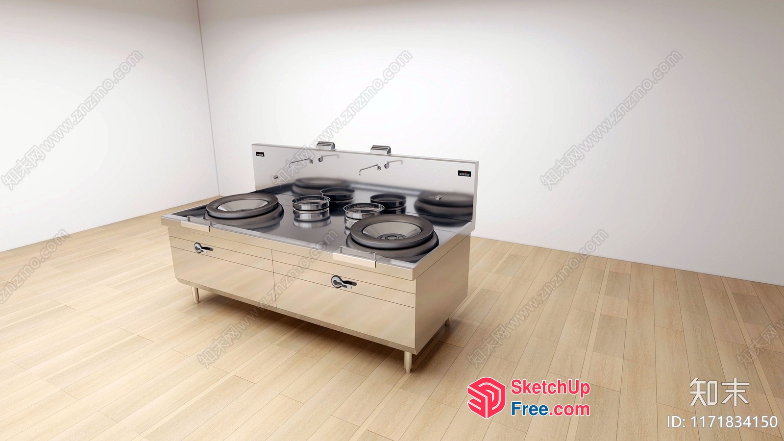 Modern Minimalist Kitchen Island With Stainless Steel Countertop 3D SketchUp File