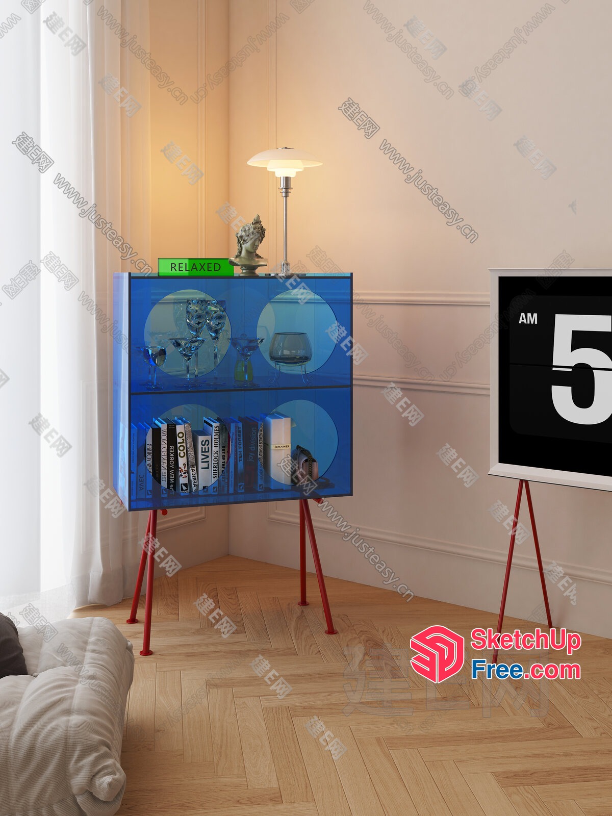 Blue Bookcase With Red Legs And Decorative Items 3D SketchUp File