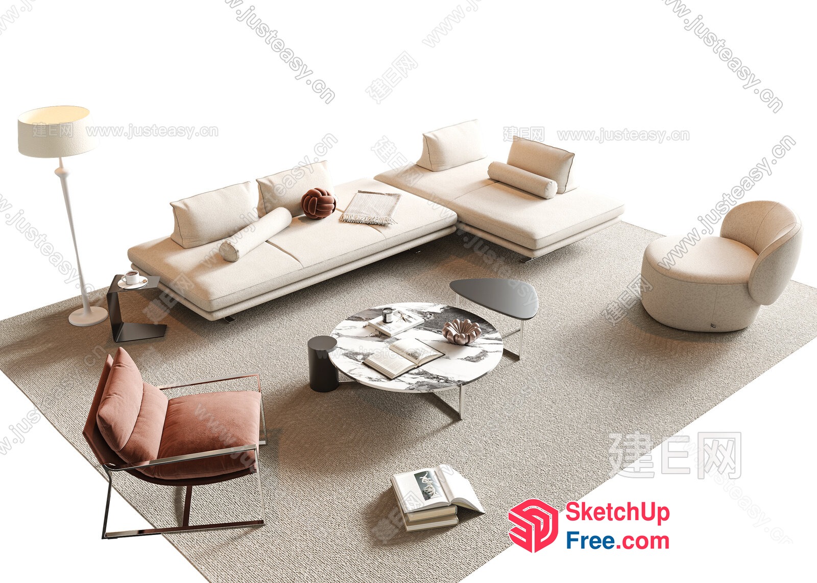 Modern Living Room Furniture Set With Creamy Style Sofa 3D SketchUp File