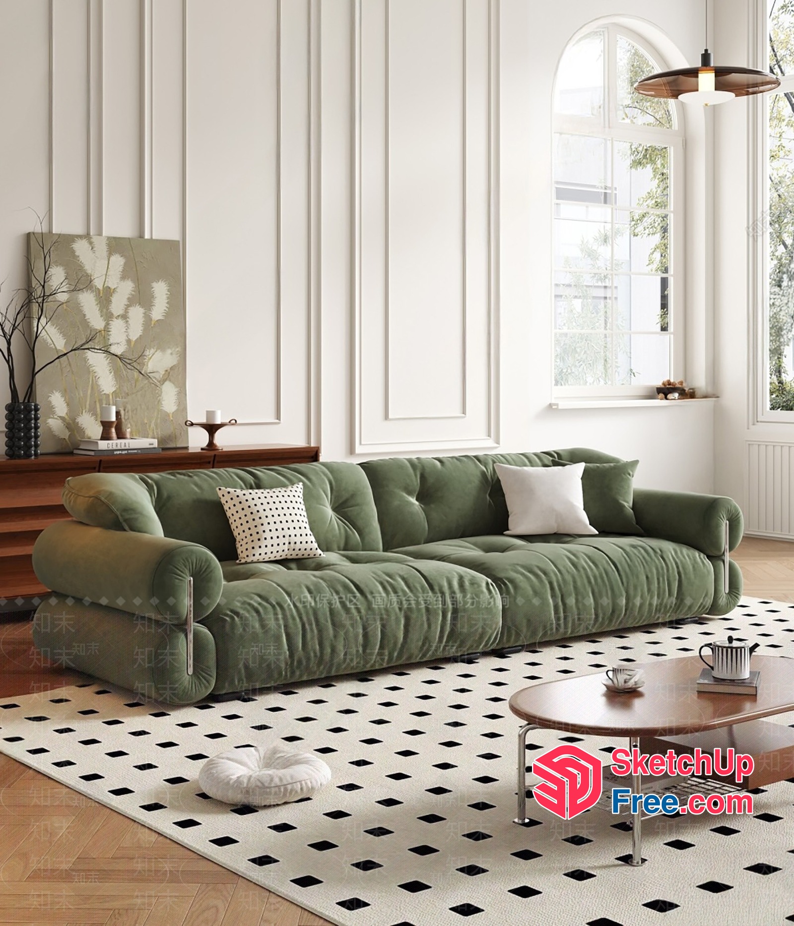 Elegant Living Room With Green Sofa And White Accents 3D SketchUp File