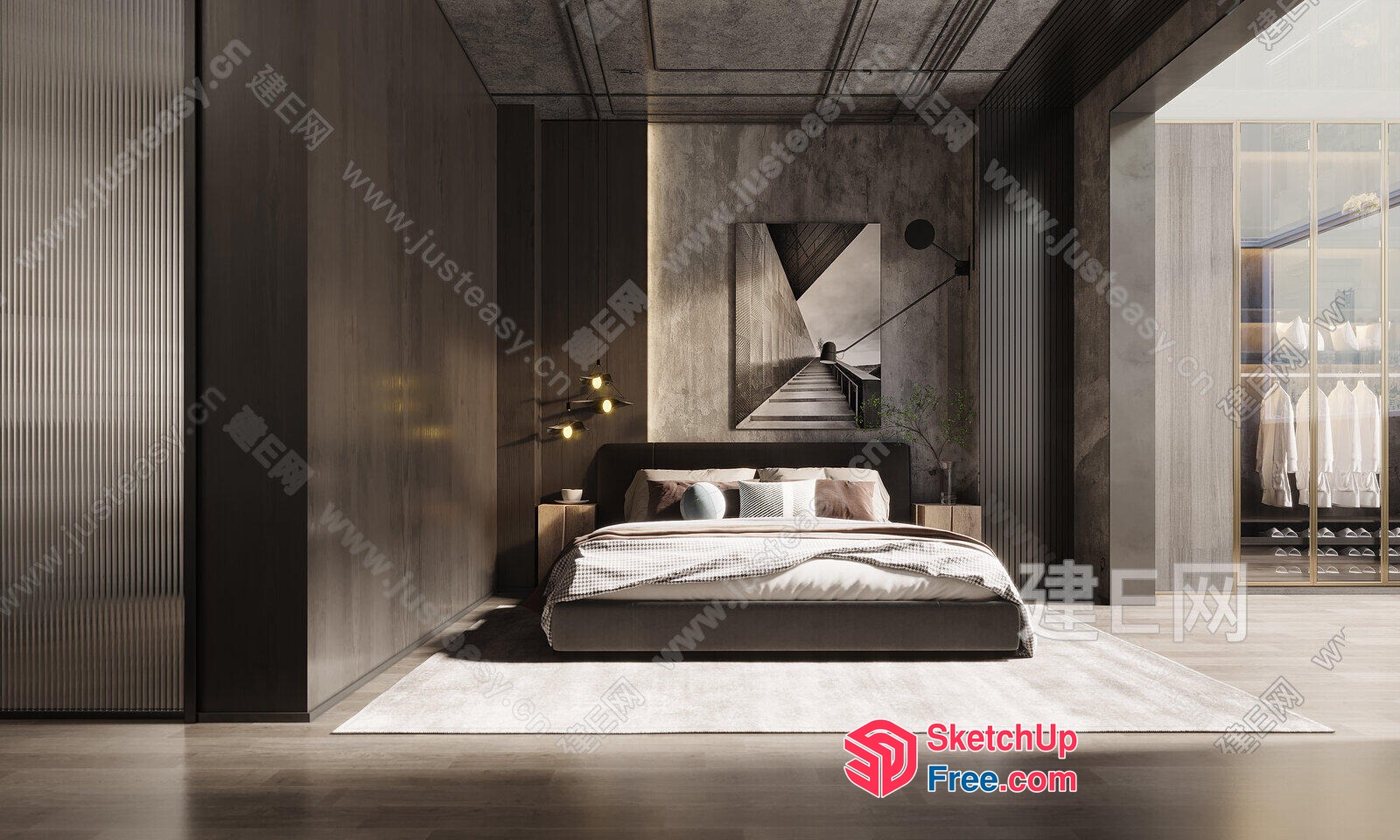 Modern Minimalist Bedroom With Sleek Bed And Pillows 3D SketchUp File